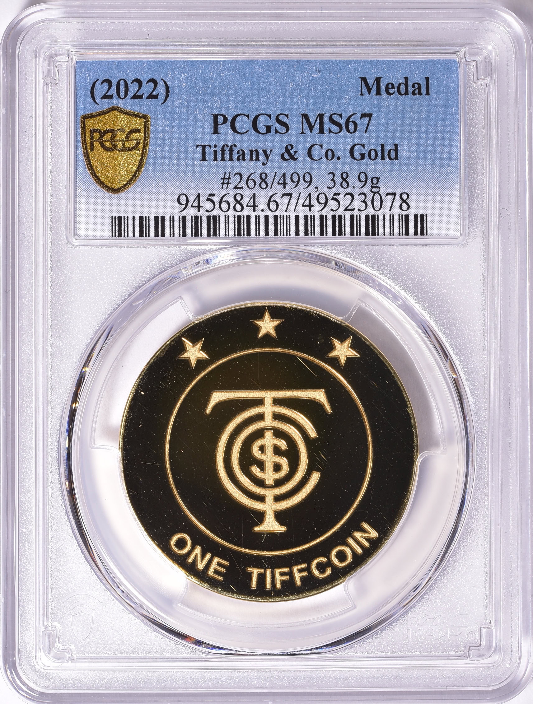 2022) Gold TiffCoin by Tiffany & Co. PCGS MS-67 (#268 of 499 with Original  Packaging, Certificate & Folio) | PCGS Cert #49523078 | GreatCollections  Coin Auctions Item #1578502