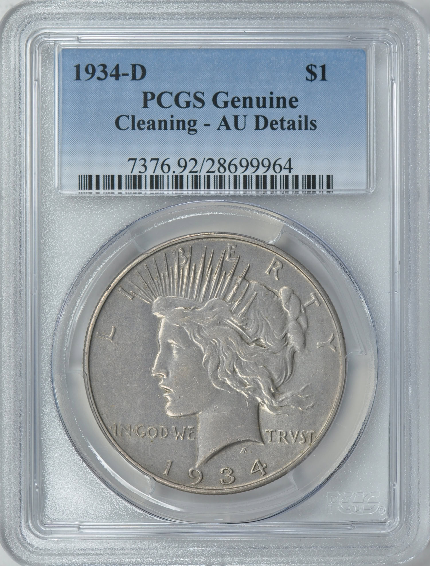 1934-D Peace Silver Dollar PCGS Genuine AU Details (Item 157893