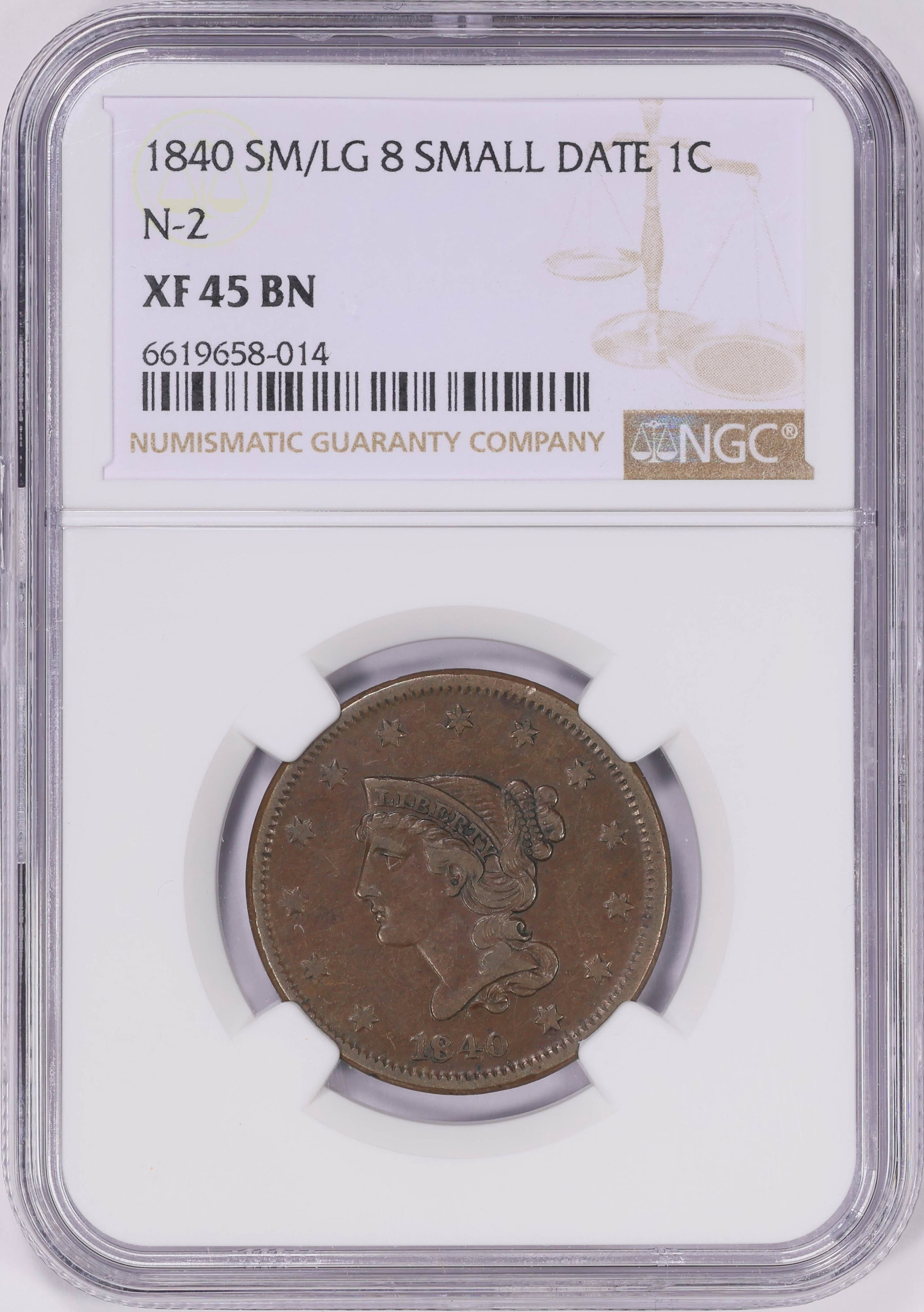 1840 Braided Hair Cent Small/Large 8 Small Date Newcomb 2 NGC XF