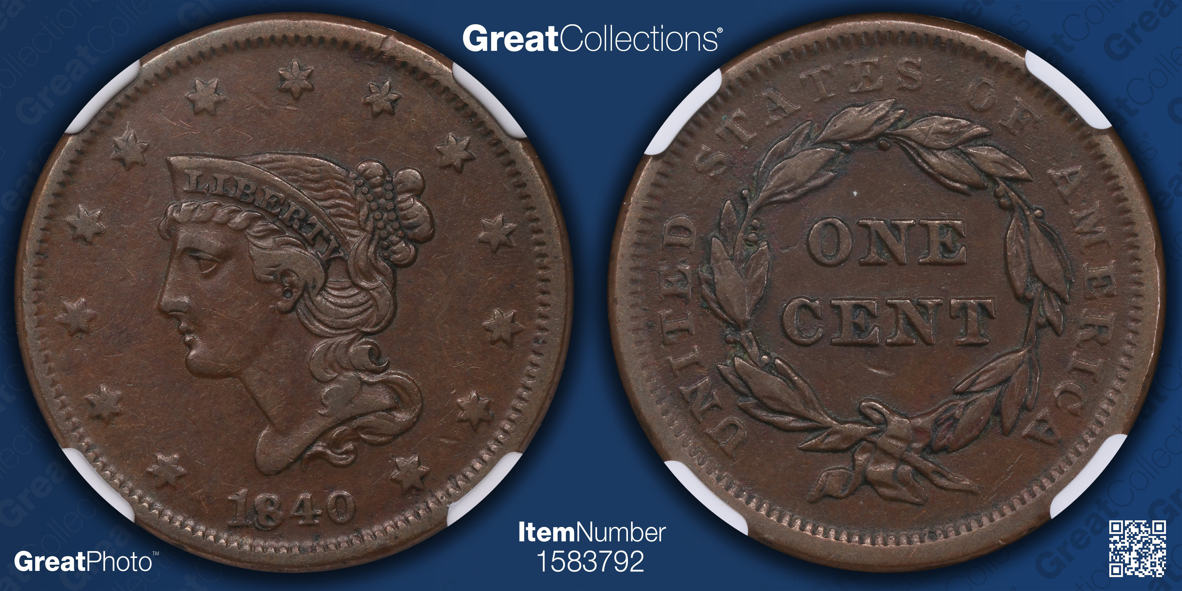 1840 Braided Hair Cent Small/Large 8 Small Date Newcomb 2 NGC XF