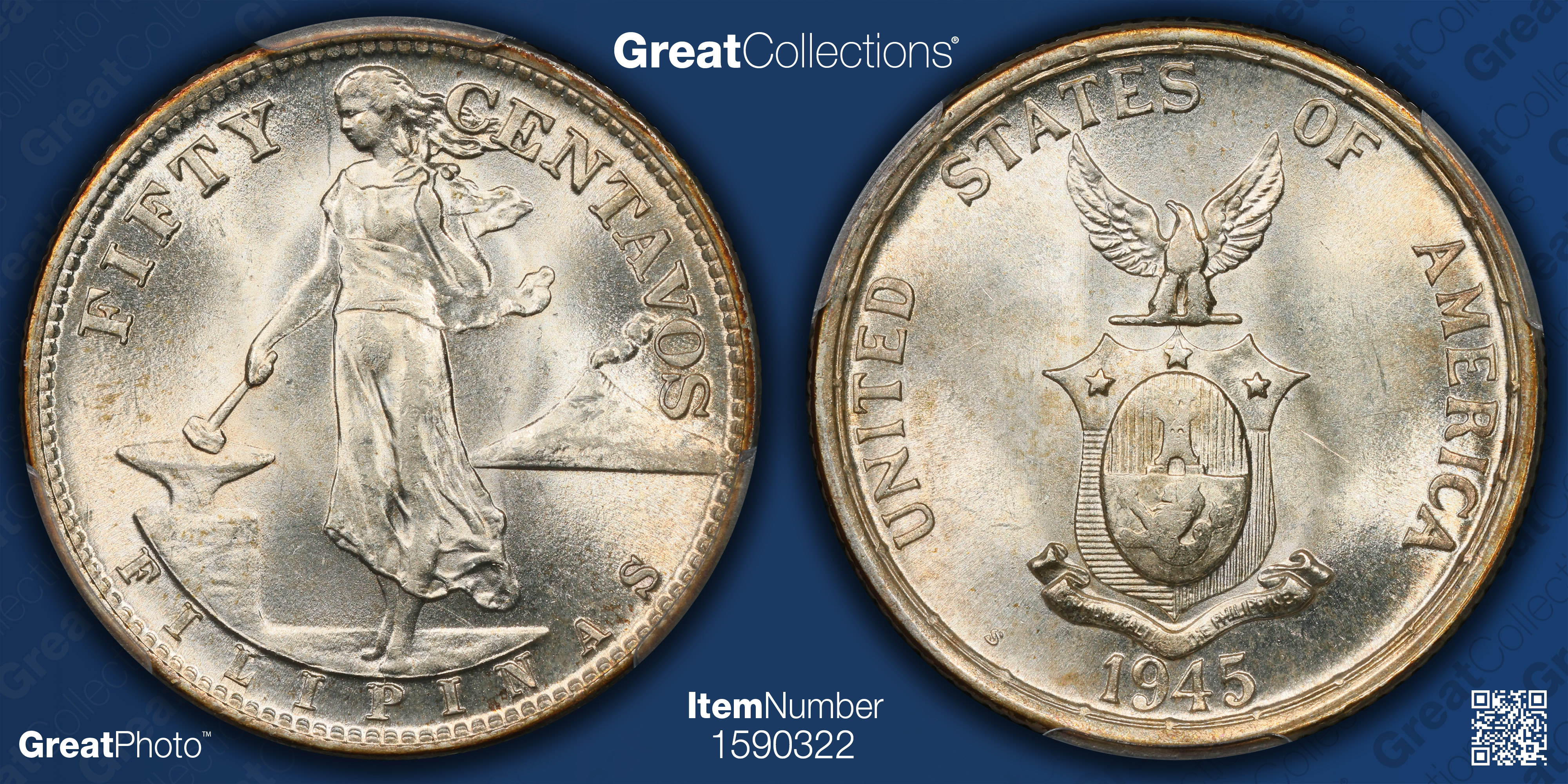 米領 フィリピン 1945 NGC MS65 50センタボ 銀貨 マヨン火山 1945-S