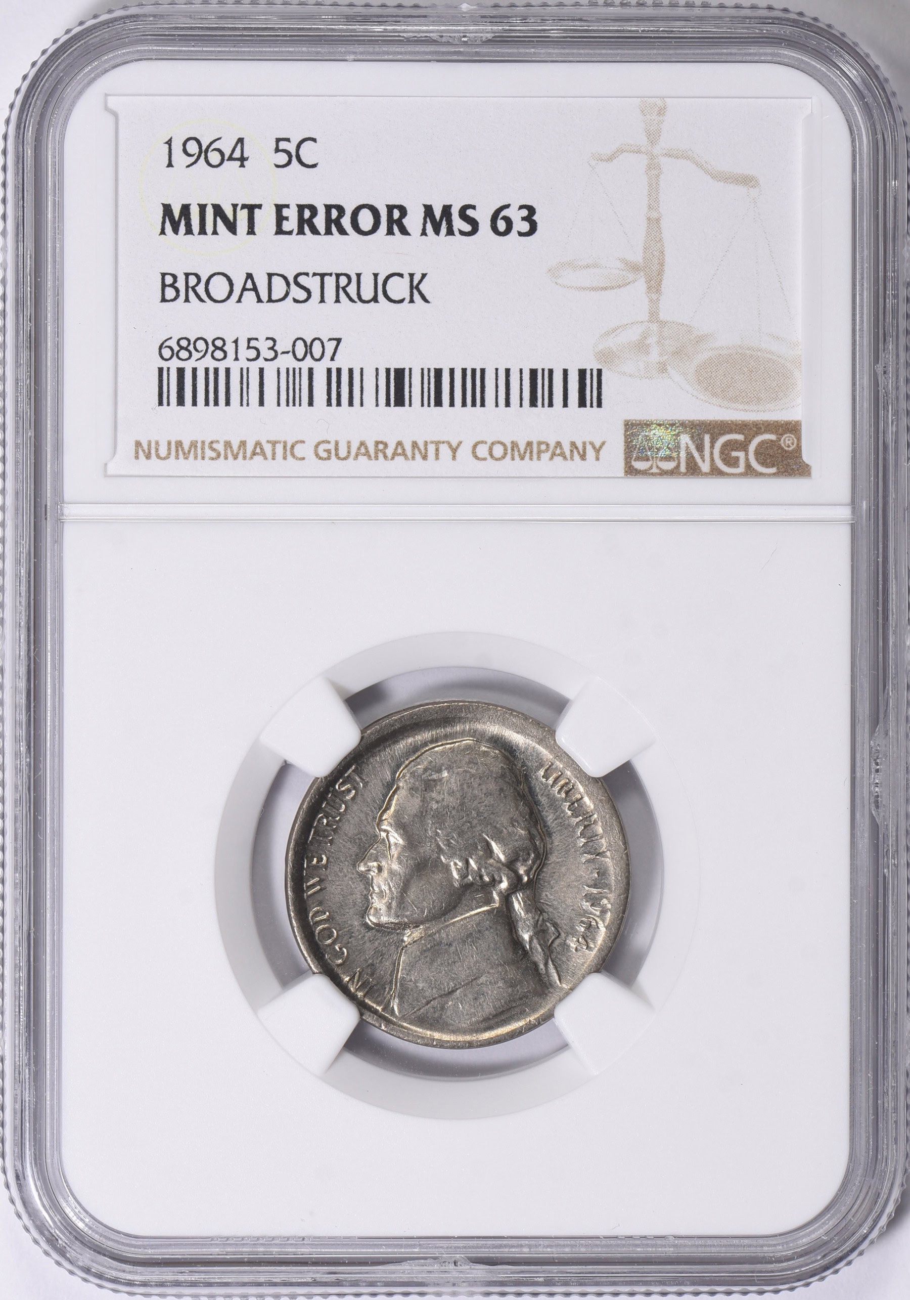 Mint Error 1964 Jefferson Nickel Broadstruck NGC MS-63 | NGC Cert