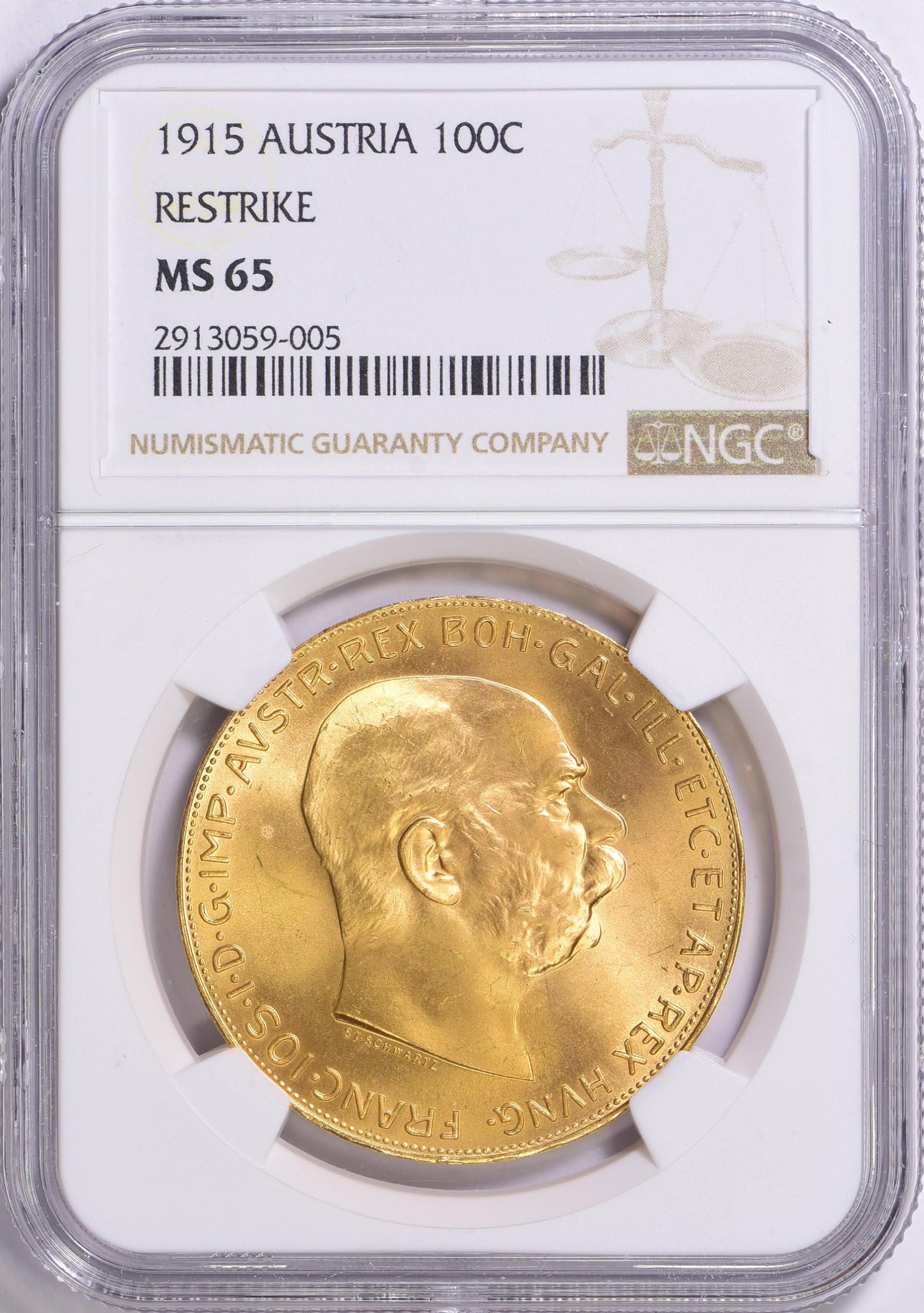 Austria 1915 Gold 100 Corona Restrike KM-2819 NGC MS-65 (AGW