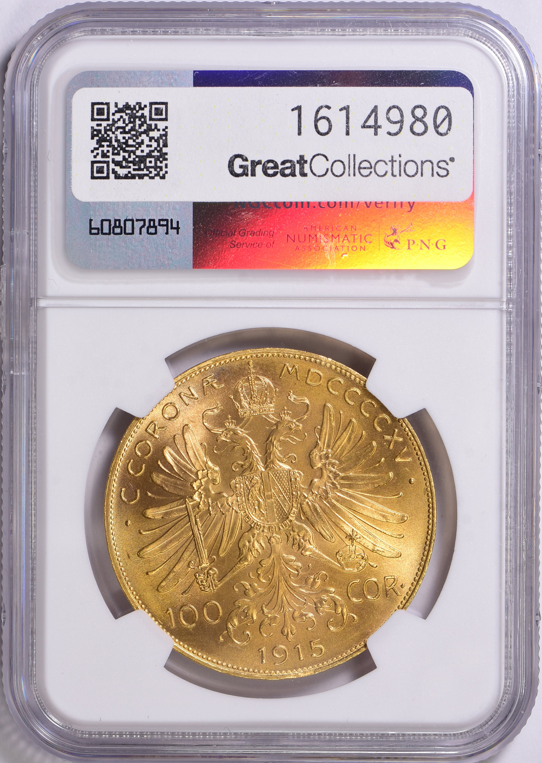 Austria 1915 Gold 100 Corona Restrike KM-2819 NGC MS-65 (AGW