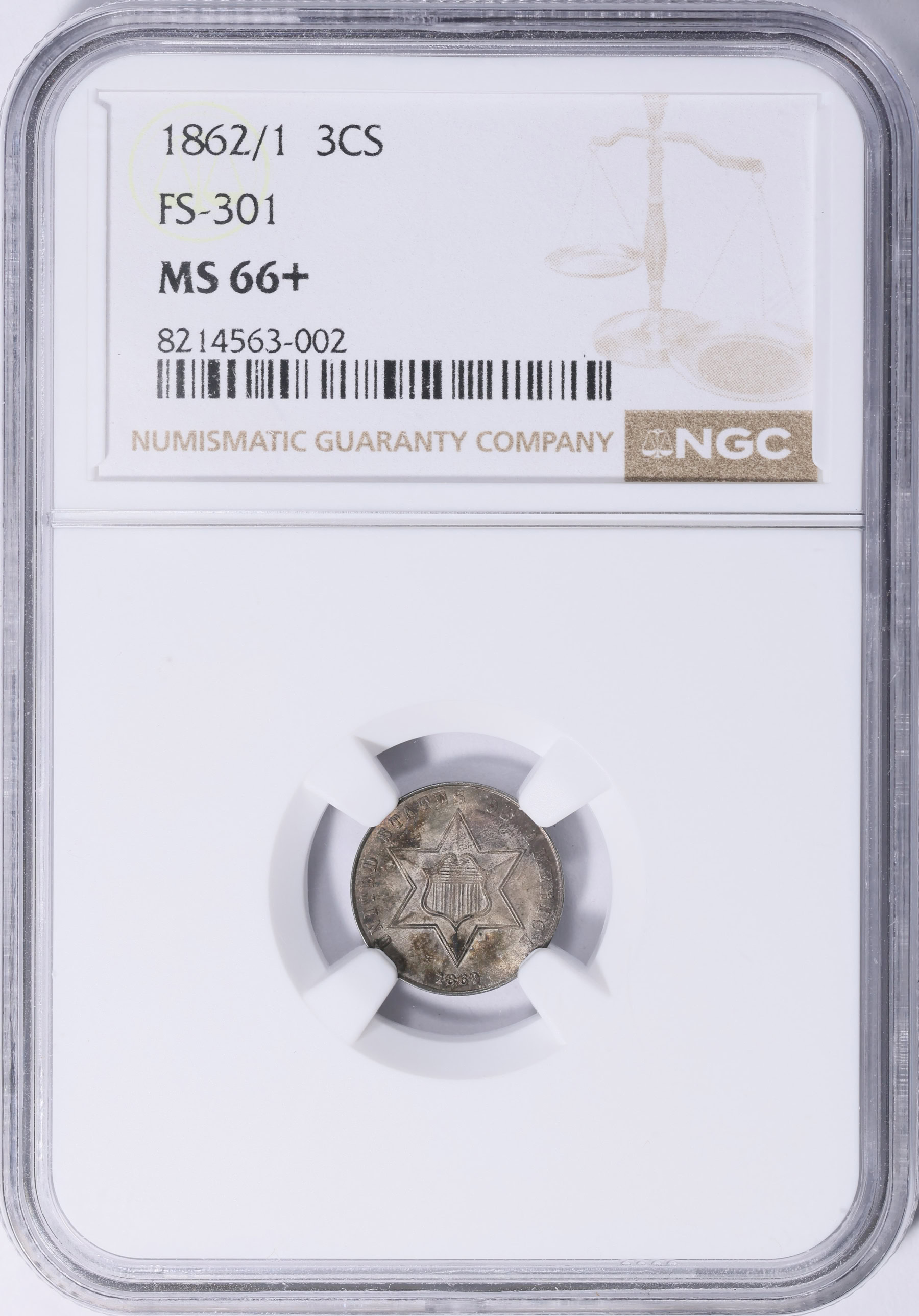 1862/1 Silver Three-Cent Piece Overdate FS-301 NGC MS-66+ (Toned