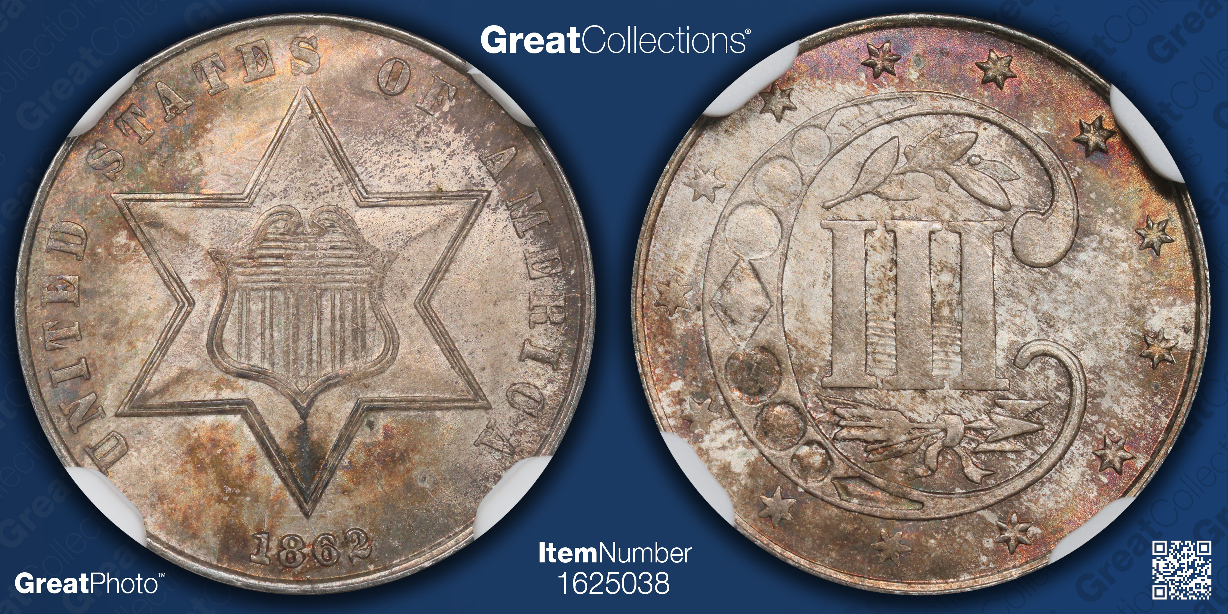 Cointreau ランプ 1862/1 Silver Three-Cent Piece Overdate FS-301 NGC MS-66+ (Toned