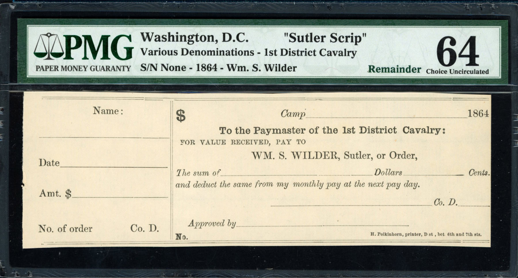 1864 Washington D.C. 1st District Cavalry Sutler Scrip Remainder Note ...