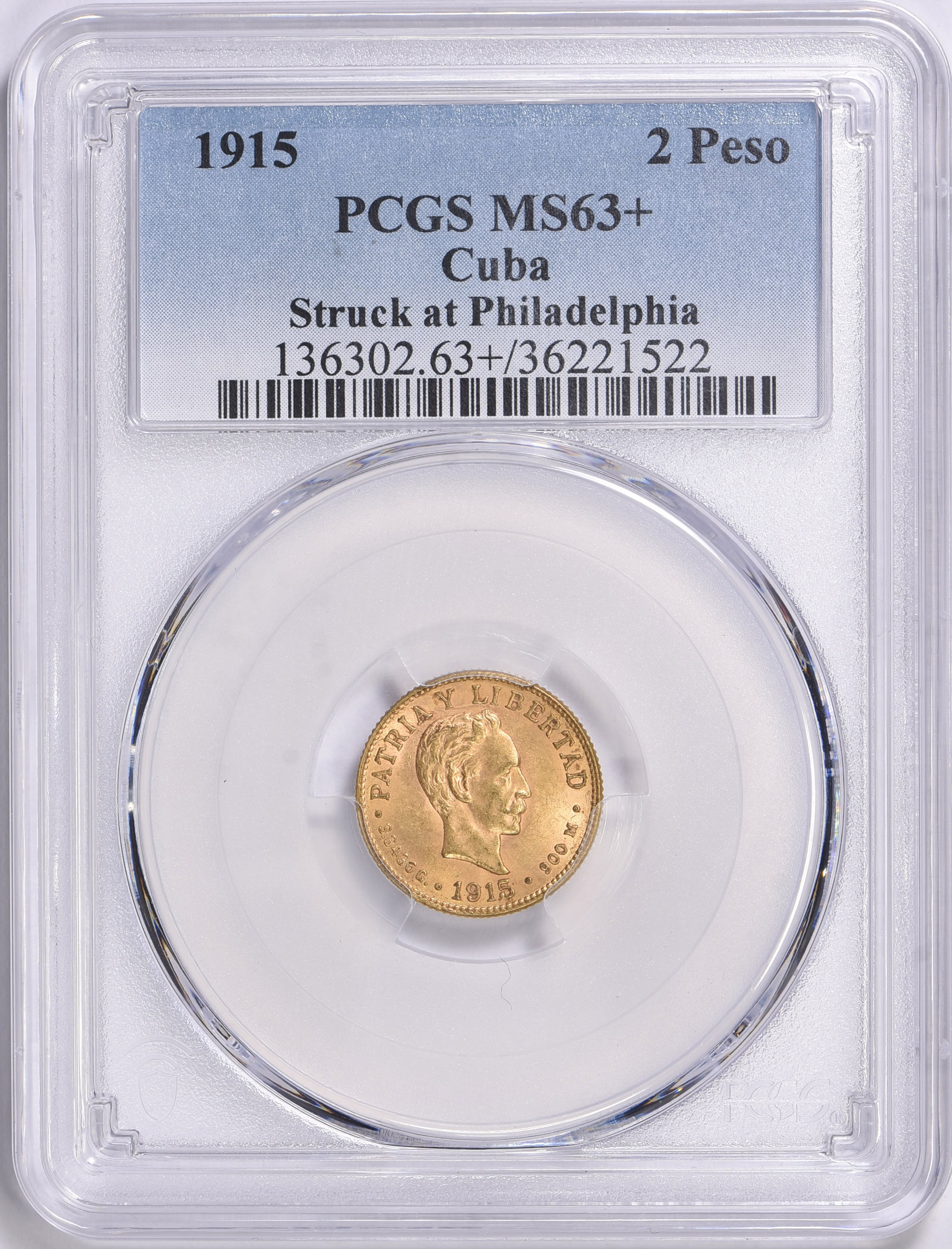 Cuba 1915 Gold 2 Pesos KM-17 PCGS MS-63+ (Item 1629440