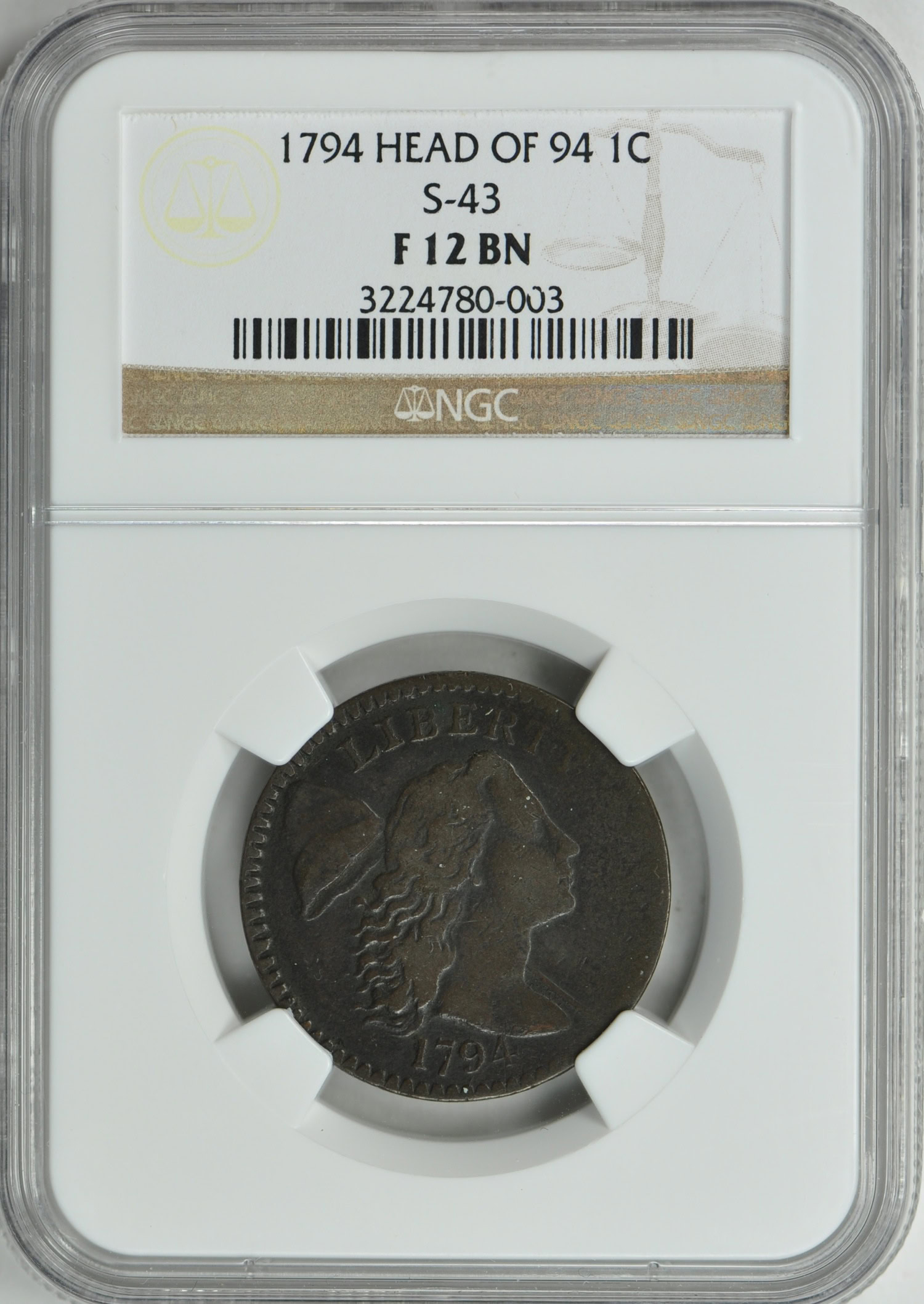 1794 Liberty Cap Cent Head of 1794 S-43 NGC F-12 BN (Item 163082