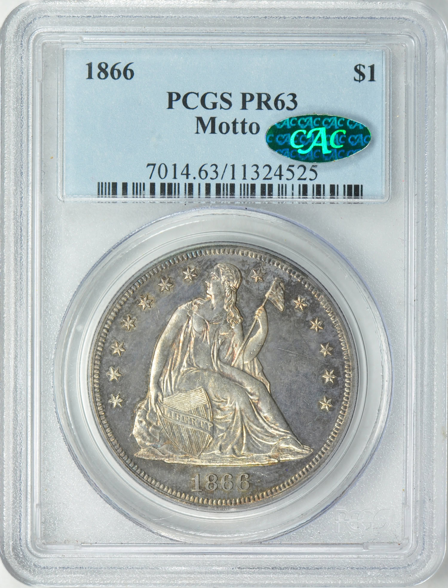 1866 Seated Liberty Silver Dollar Motto PCGS Proof-63 (CAC Green
