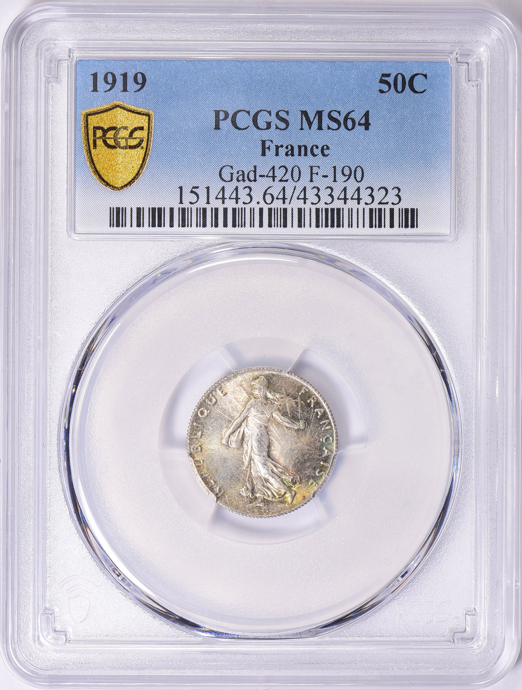 France 1919 Silver 50 Centimes KM-854 PCGS MS-64 (Toned) (Item
