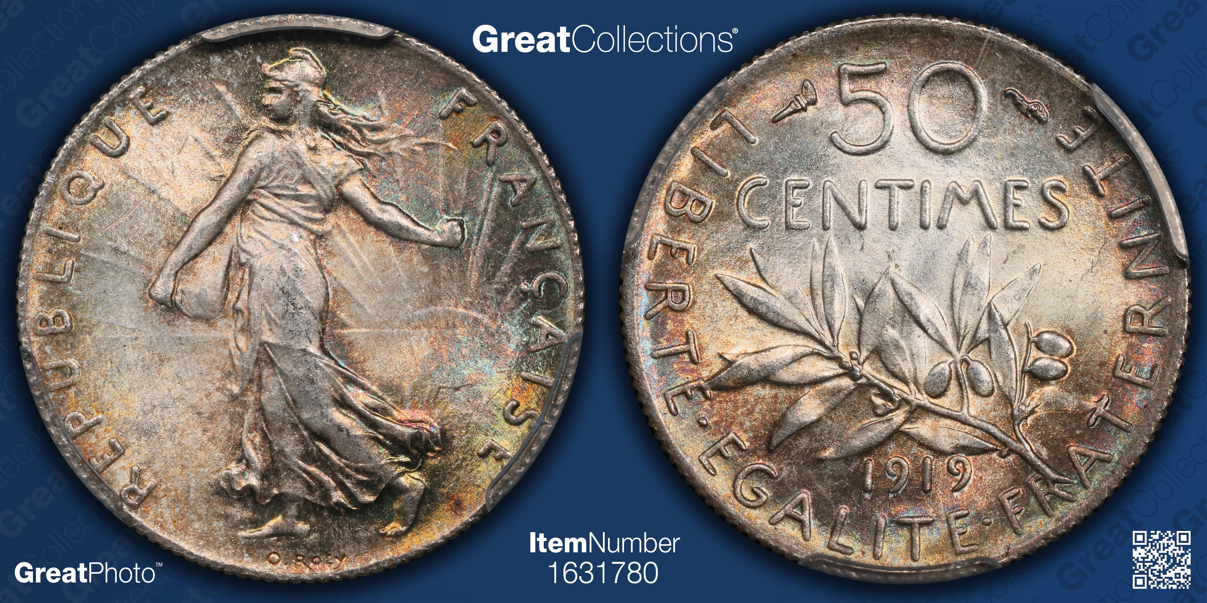 France 1919 Silver 50 Centimes KM-854 PCGS MS-64 (Toned) (Item