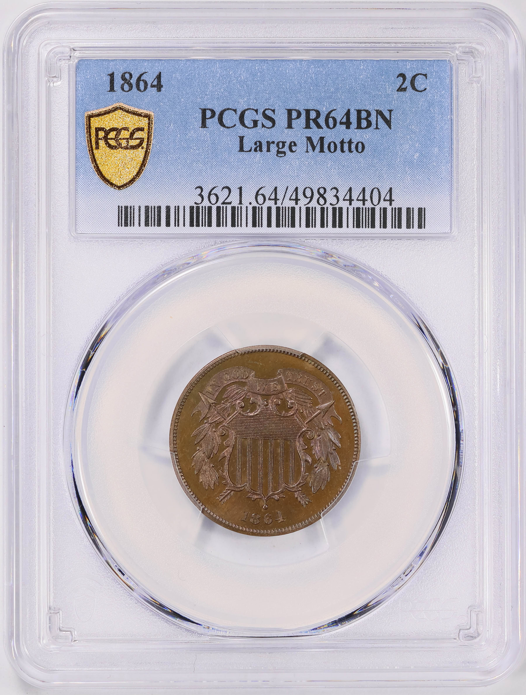 1864 Two-Cent Piece Large Motto PCGS Proof-64 BN (Toned) (Item