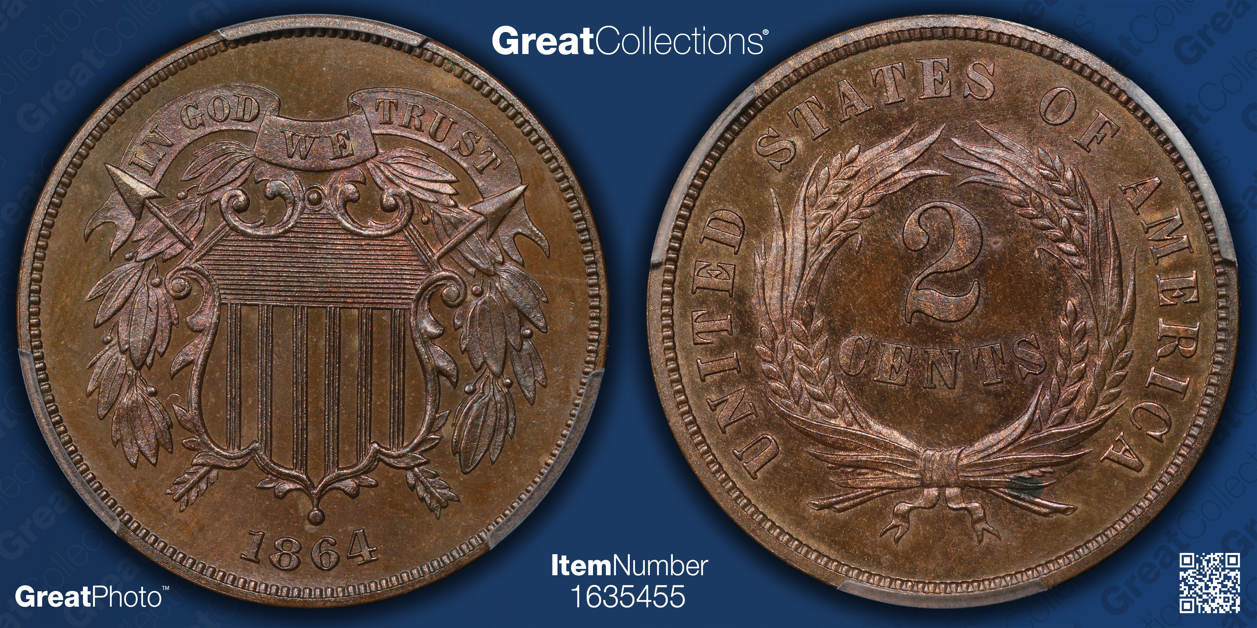 1864 Two-Cent Piece Large Motto PCGS Proof-64 BN (Toned) (Item