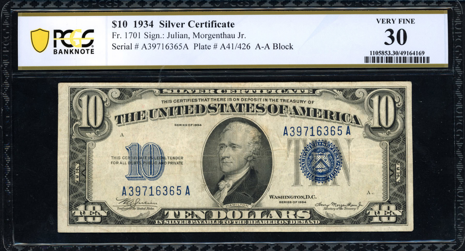 Fr 1701 (AA Block) 1934 $10 Silver Certificate Note Julian Fr 1701 (AA Block) 1934 $10 Silver Certificate Note Julian