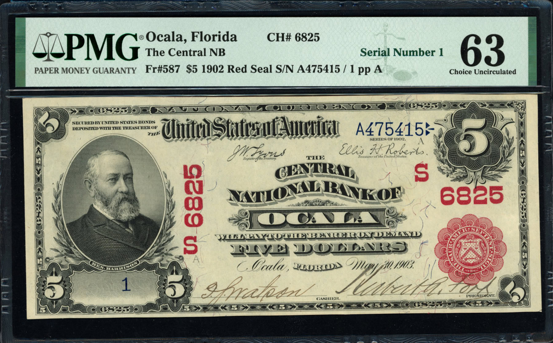 Fr. 587 Ocala, Florida 1902 The Central National Bank $5 Red Seal Note ...