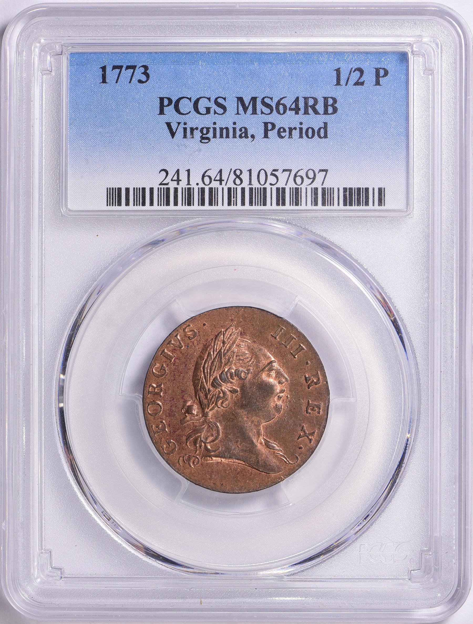 1773 Virginia Halfpenny Period PCGS MS-64 RB (Item 1644539
