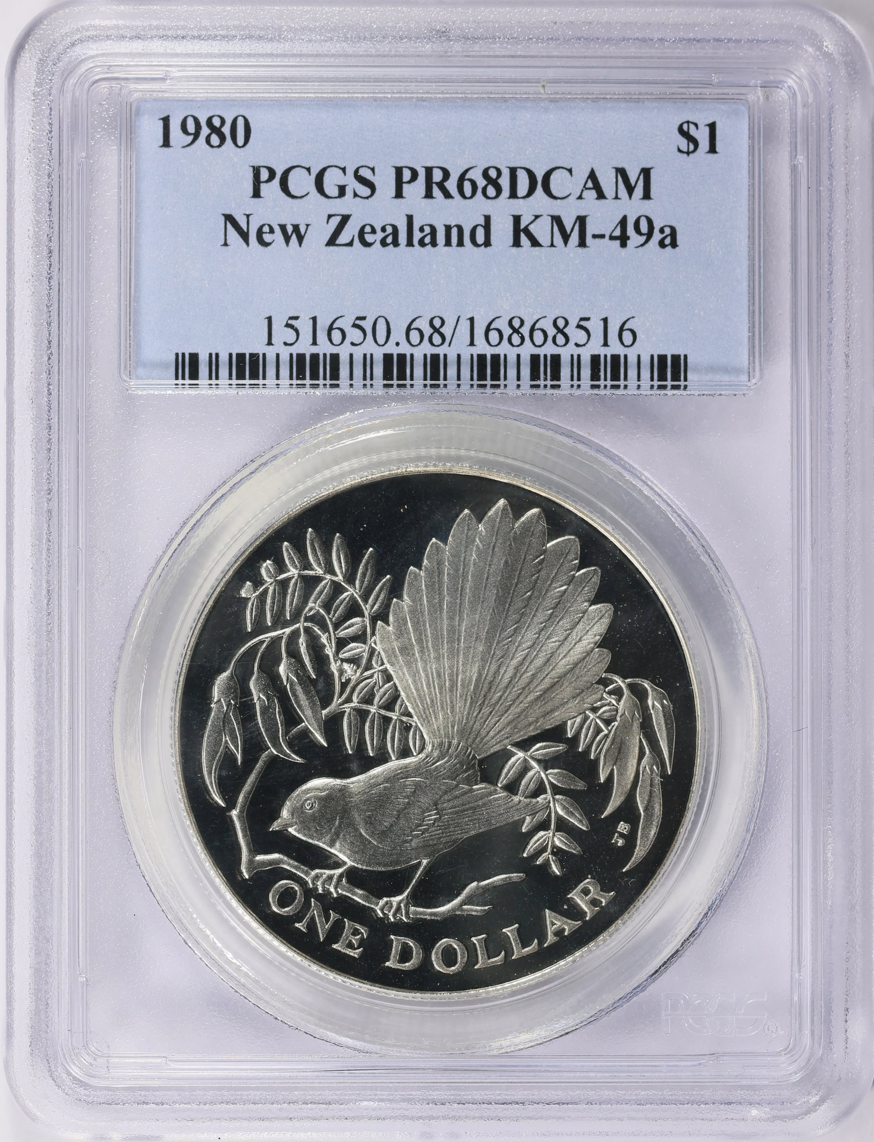 New Zealand 1980 Silver Dollar Fantail Bird KM-49a PCGS Proof-68 DCAM ...
