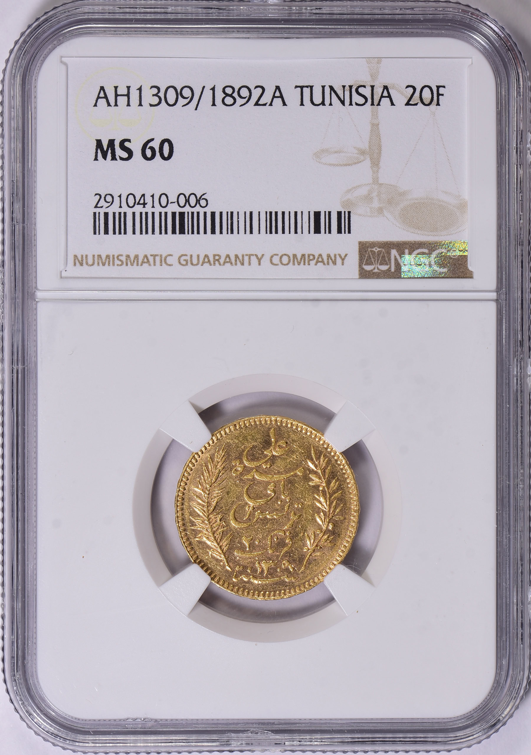 Tunisia AH 1309 // 1892-A Gold 20 Francs KM-227 NGC MS-60 (AGW
