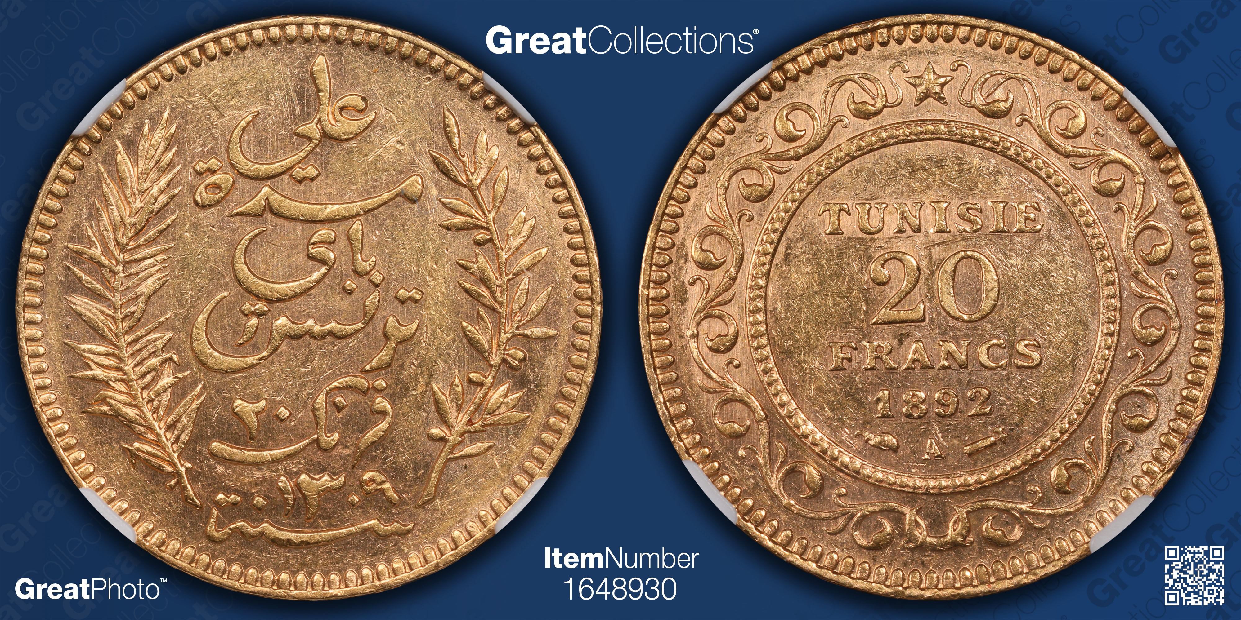 Tunisia AH 1309 // 1892-A Gold 20 Francs KM-227 NGC MS-60 (AGW