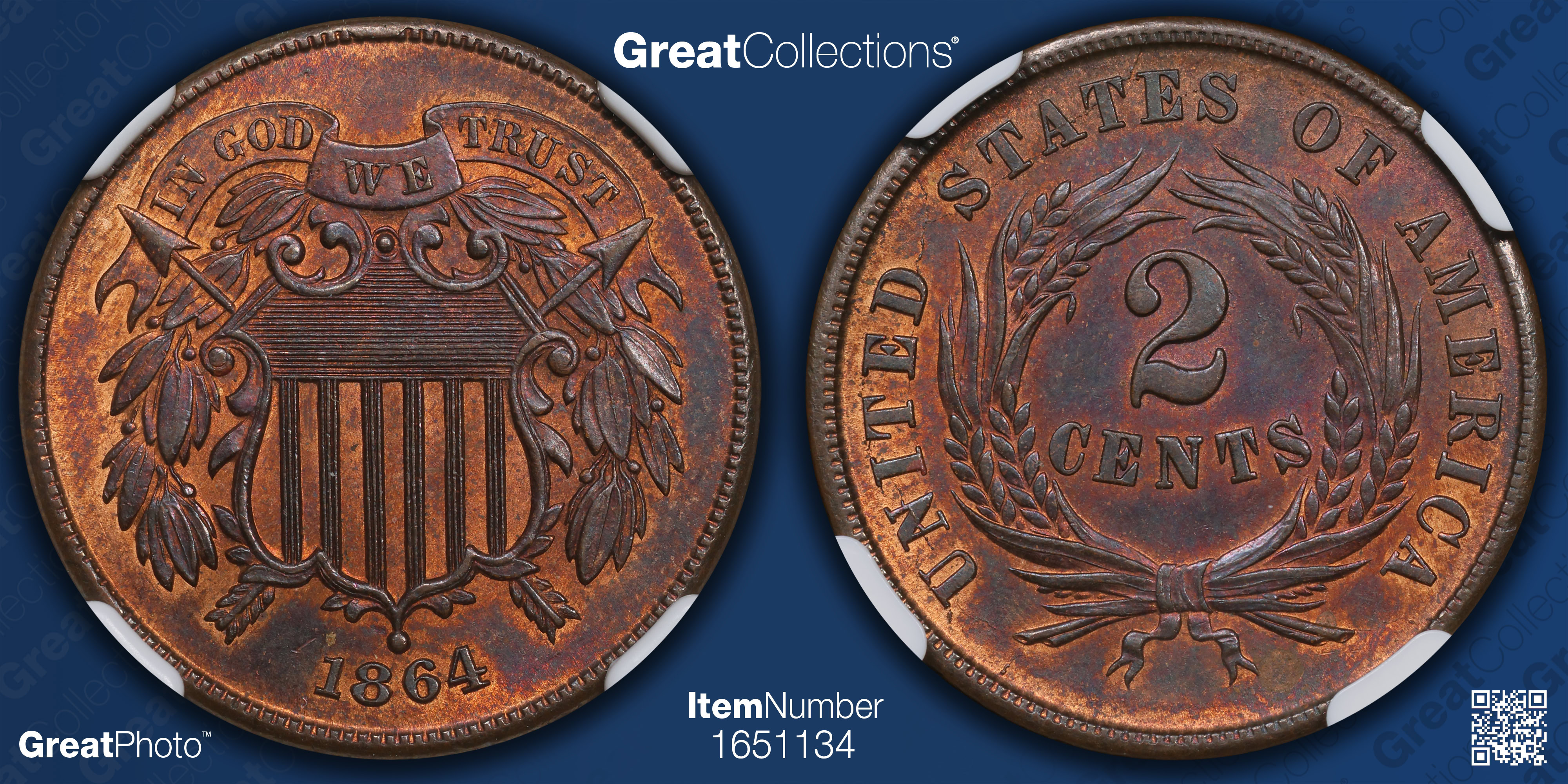 1864 Two-Cent Piece Large Motto NGC MS-64 BN (Item 1651134 ...