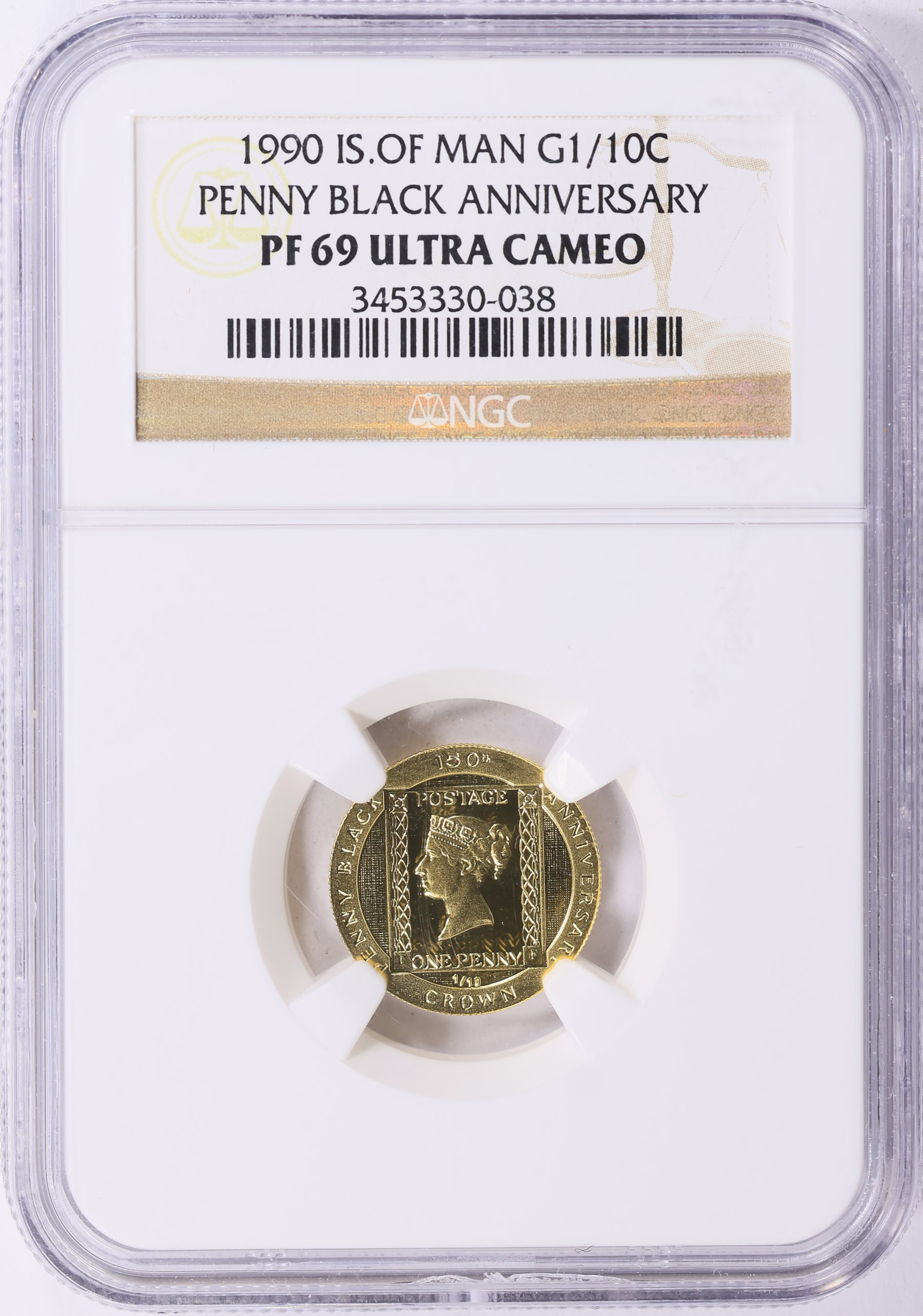 Isle of Man 1990 Gold 1/10 Crown Penny Black Anniversary KM-1427