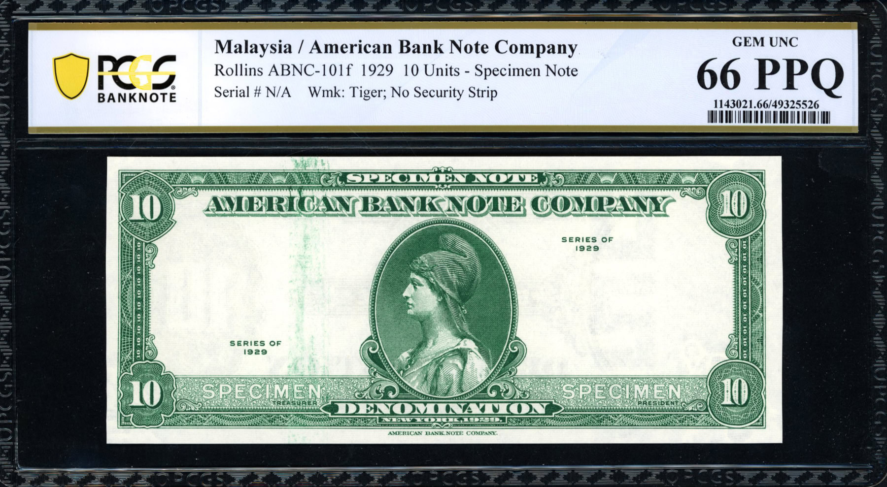 Malaysia 1929 10 Units American Bank Note Company Specimen Note No ...
