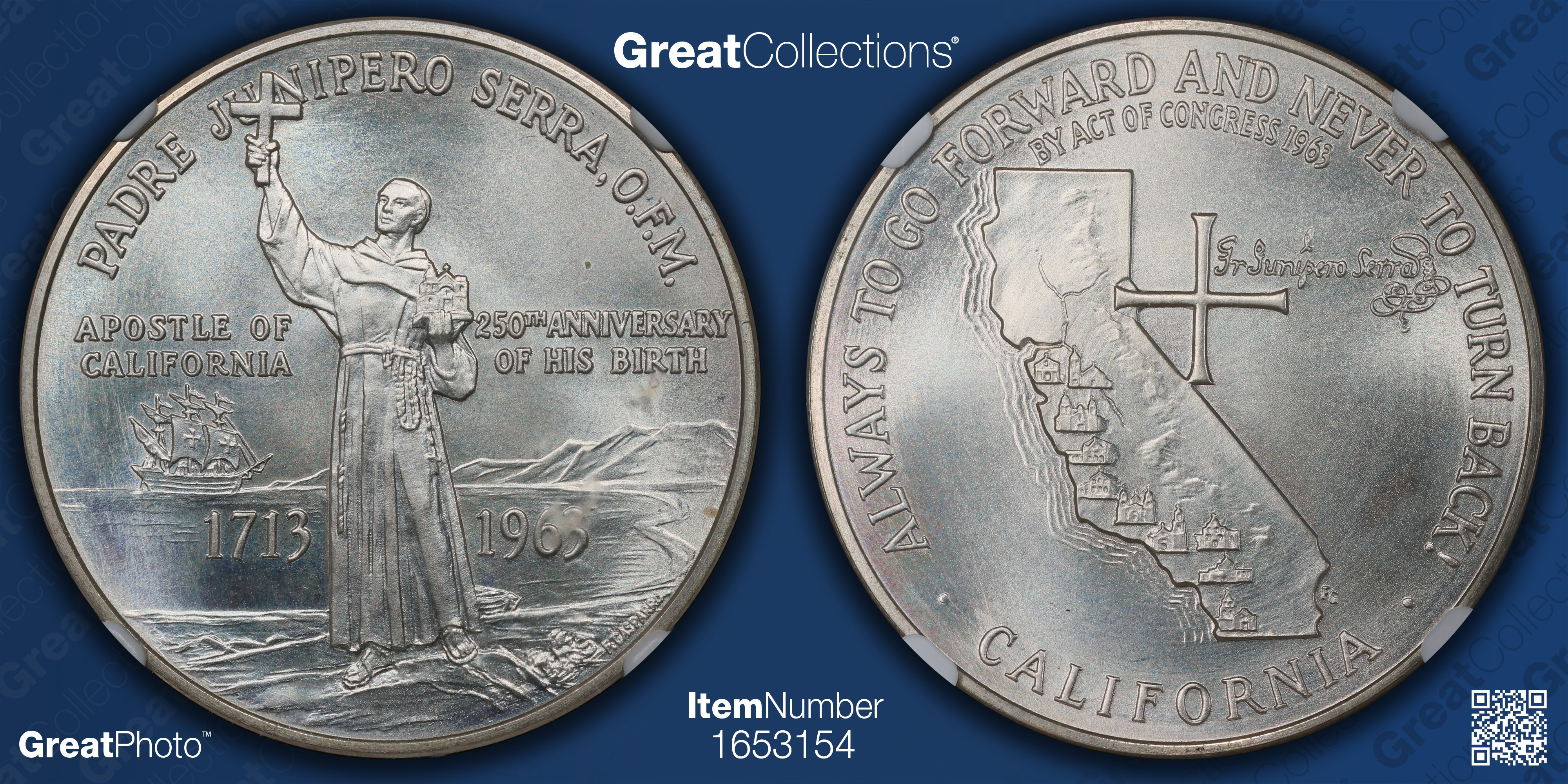 1963 Silver 33mm Padre Junipero Serra 250th Anniversary Medal SWO