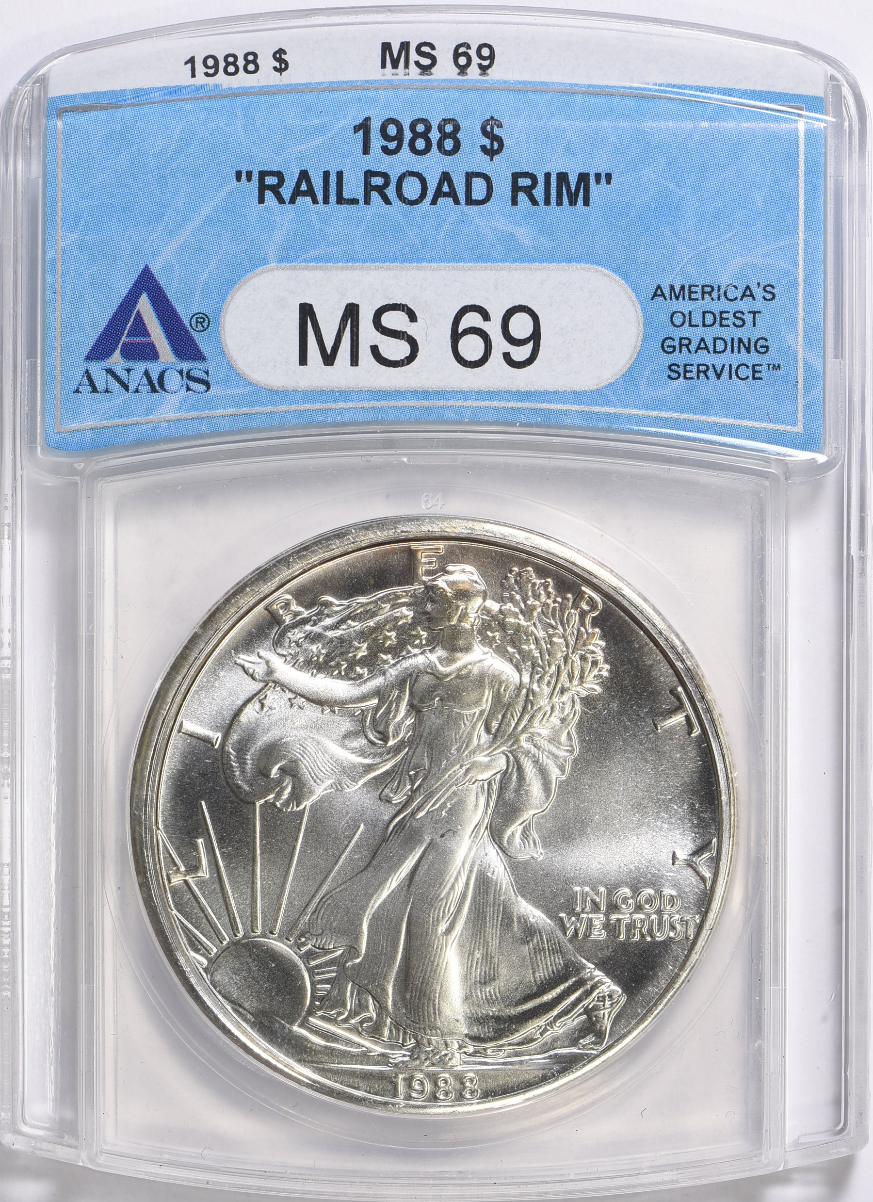 Mint Error 1988 Silver Eagle Railroad Rim ANACS MS-69 | ANACS Cert ...