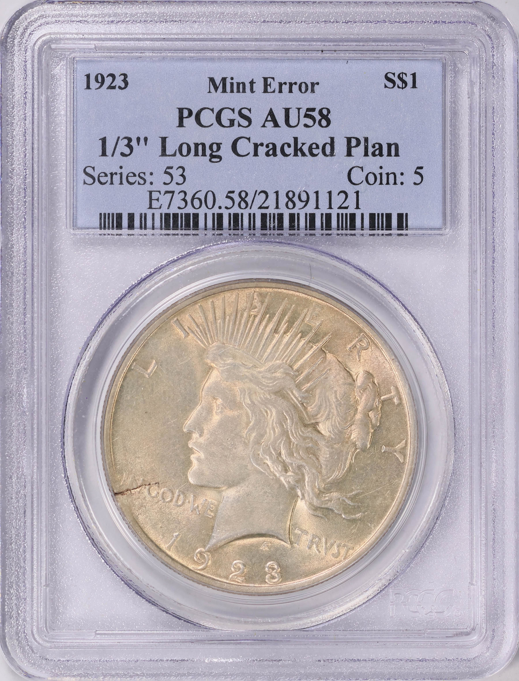 Mint Error 1923 Peace Silver Dollar 1/3" Long Cracked Planchet PCGS AU ...