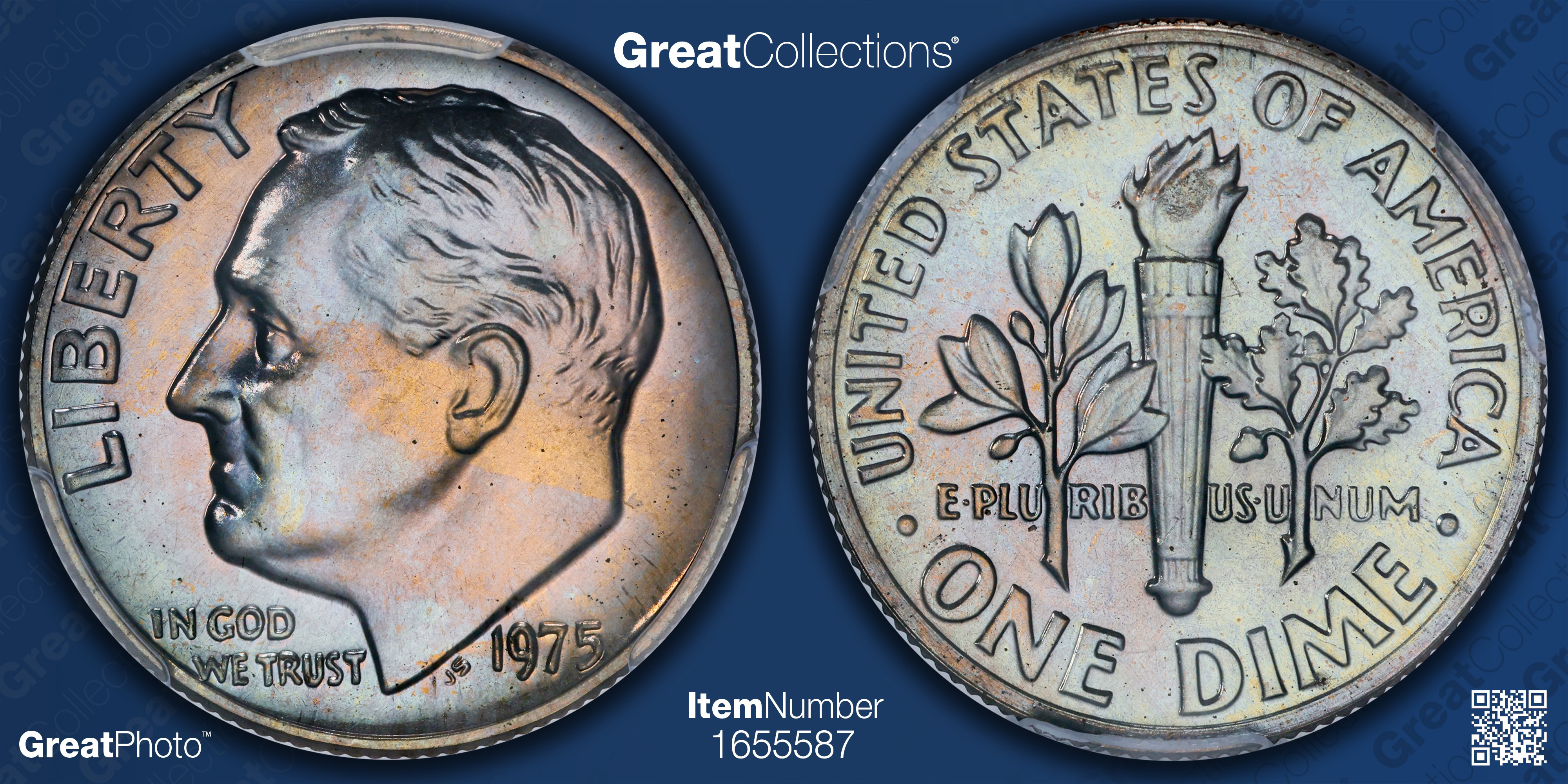 1975 Roosevelt Dime No S PCGS Proof-67 (CAC Green) (Toned) (with