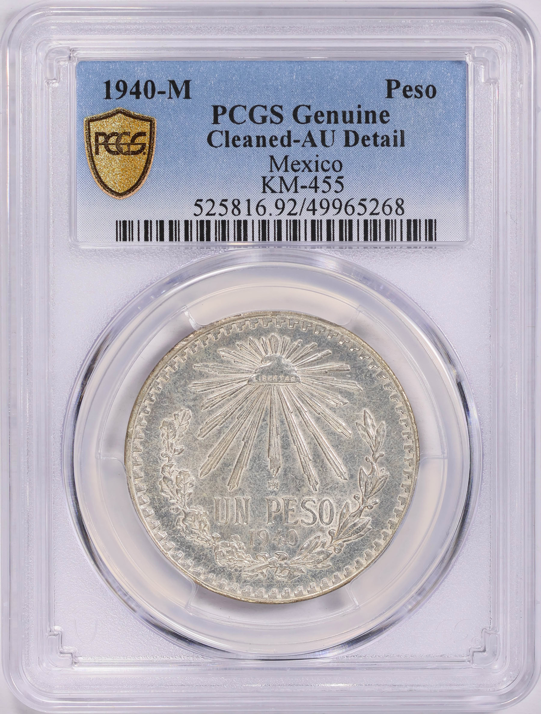 Mexico 1940-M Silver Peso KM-455 PCGS Genuine AU Details (ASW