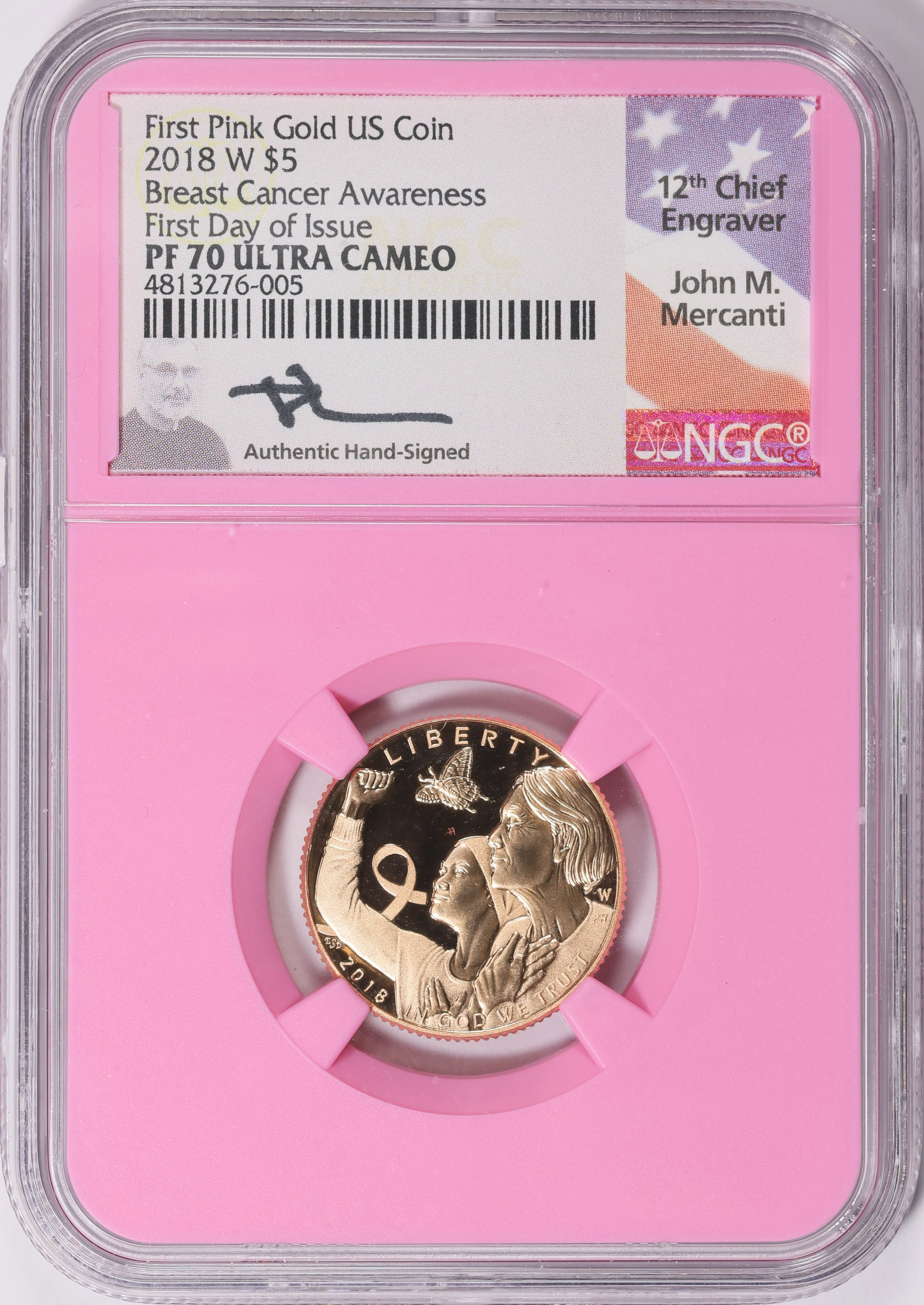 2018-W Breast Cancer Awareness Gold $5 First Day of Issue NGC Proof-70 ...