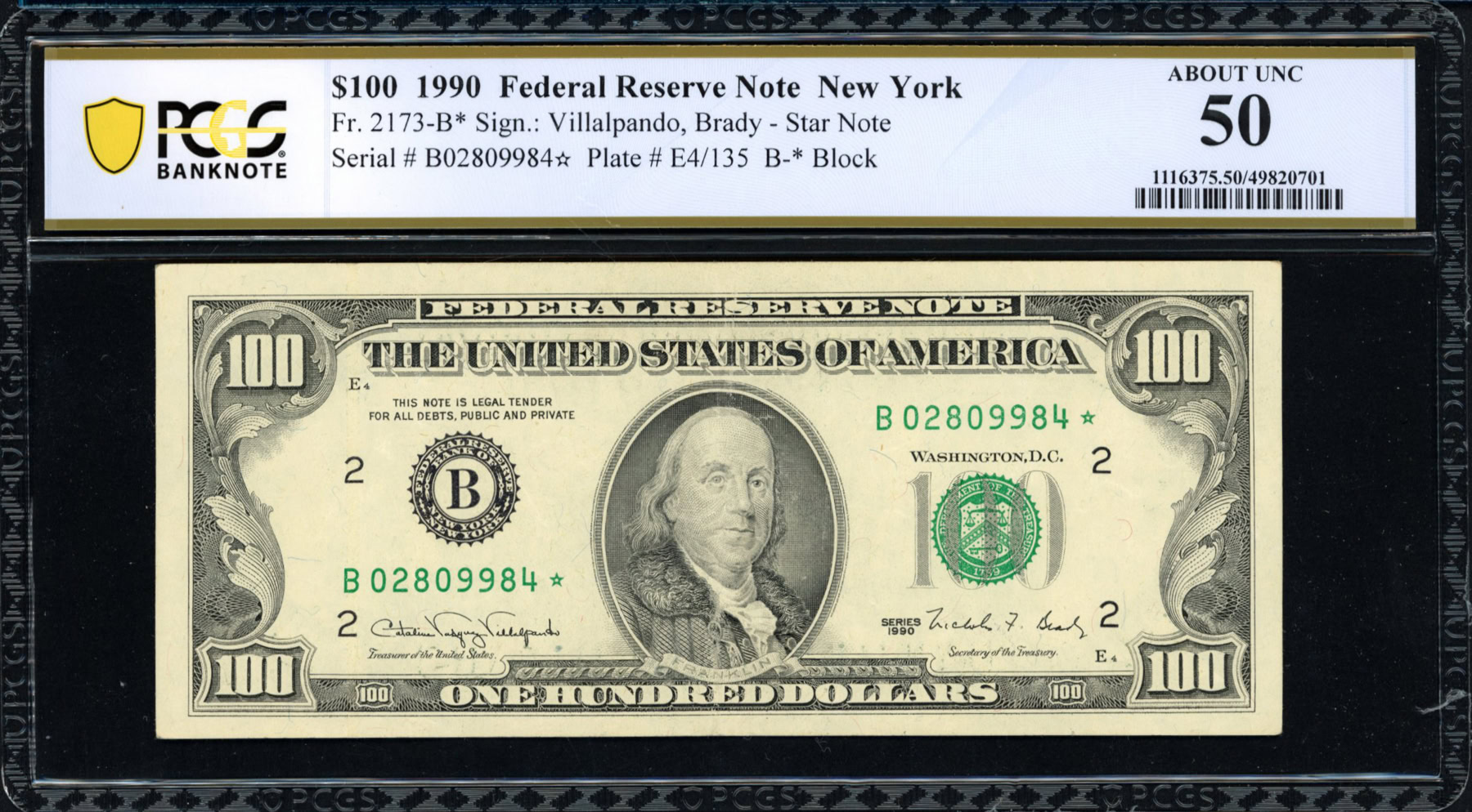 York Notes 1990s Fr. 2173-B* (B* Block) 1990 $100 New York Federal Reserve Star Note ...