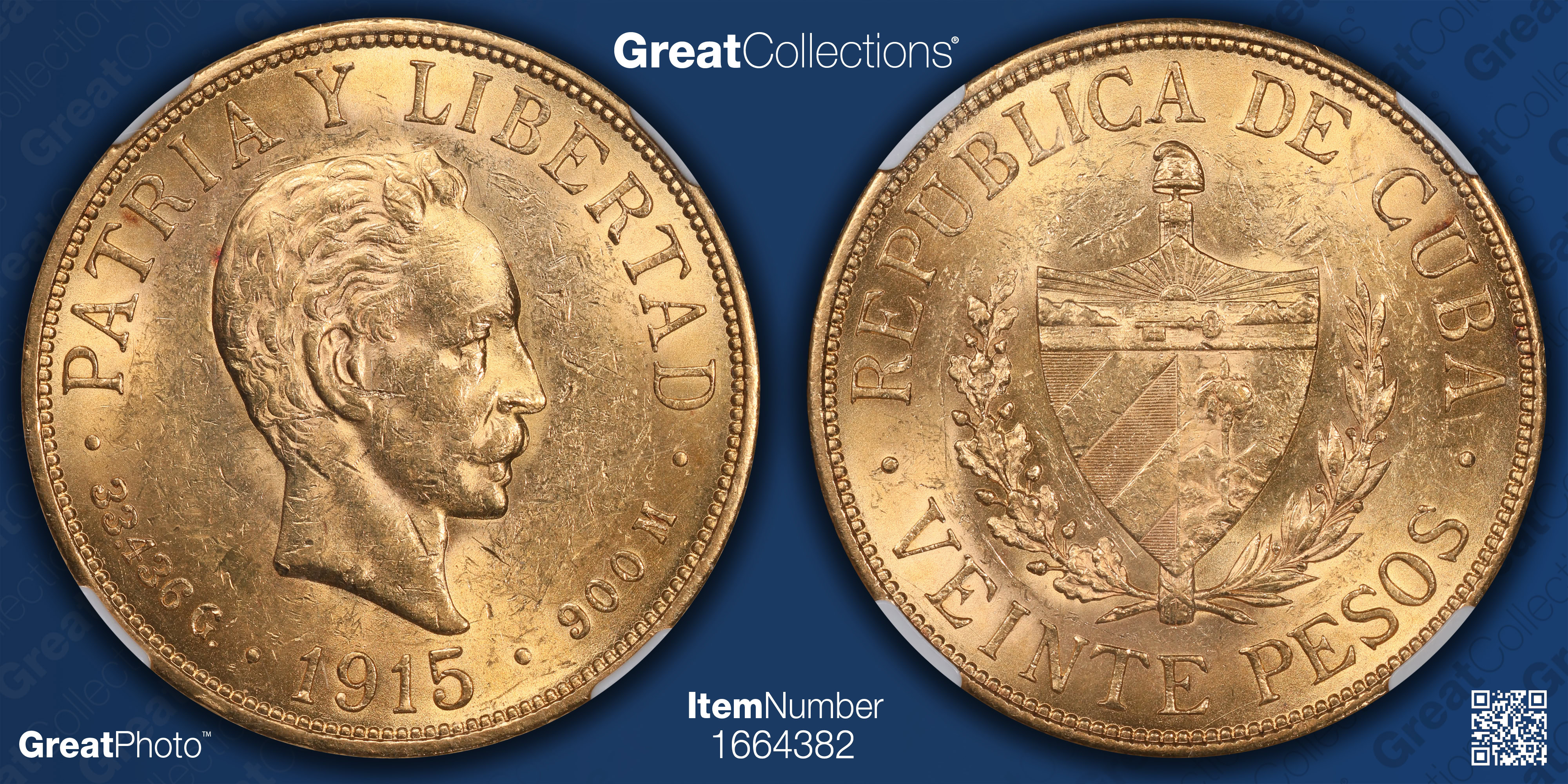 Cuba 1915 Gold 20 Pesos KM-21 NGC MS-61 (AGW = 0.9675 oz.) (Item