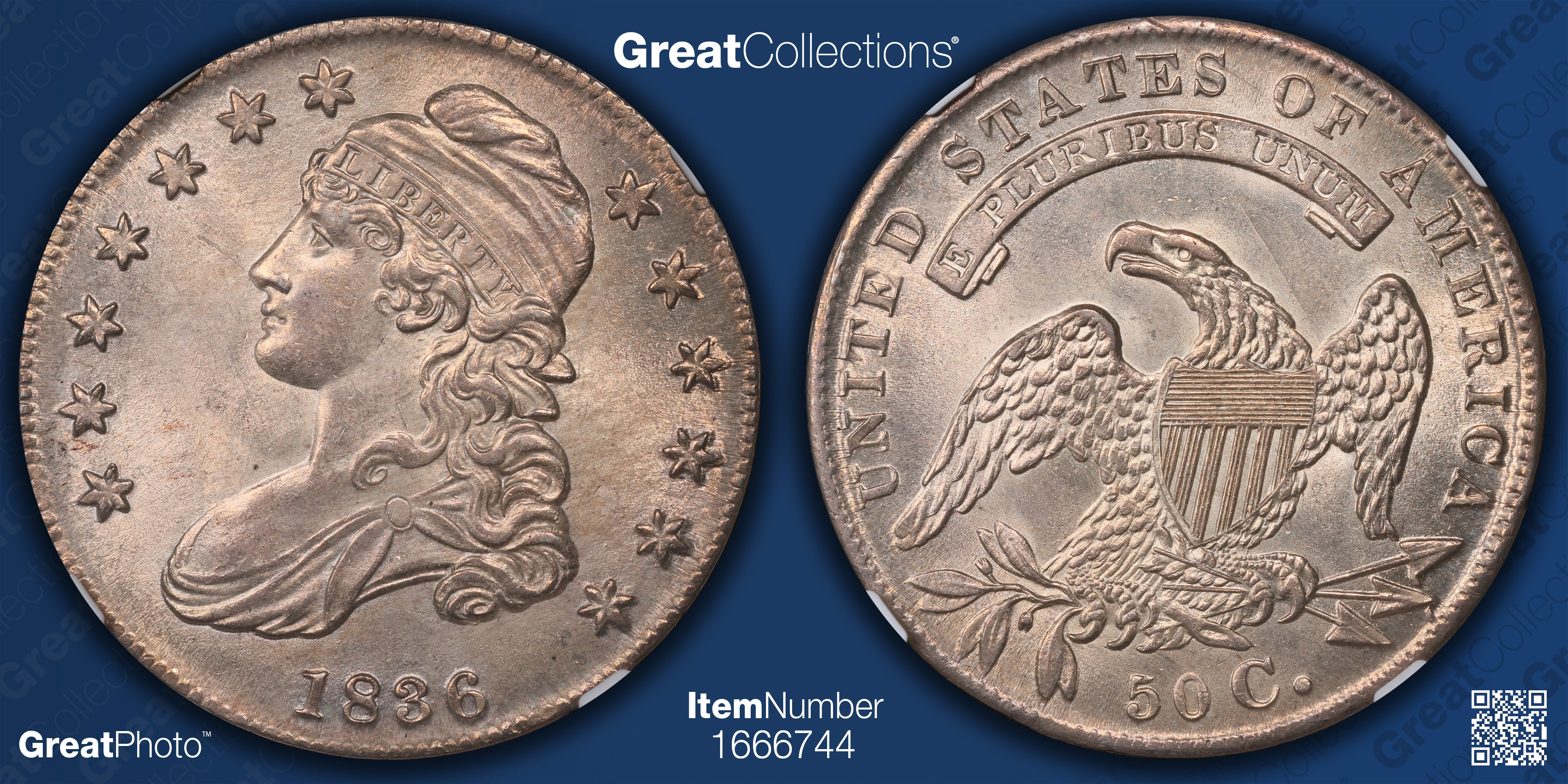 1836 Capped Bust Half Dollar Lettered Edge, Beaded Reverse Overton 106a ...