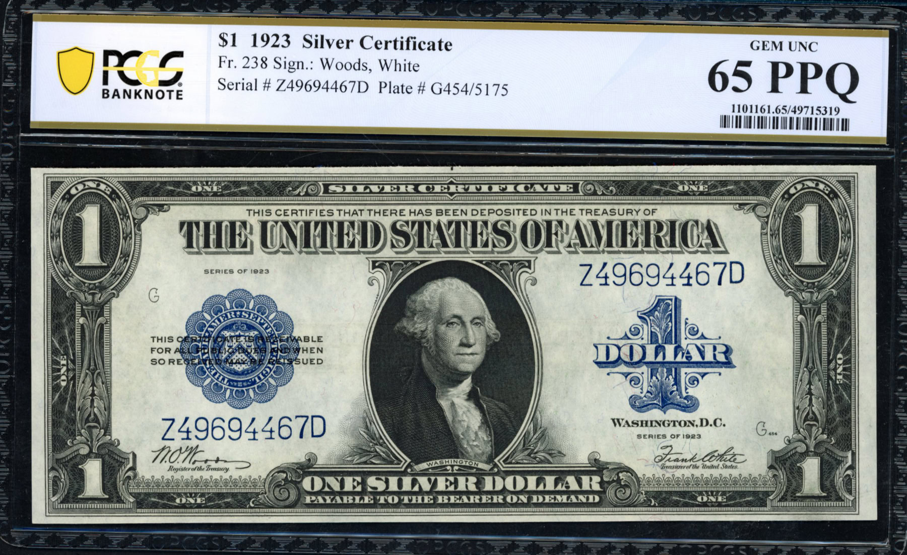 Fr. 238 1923 $1 Silver Certificate Note Woods / White PCGS