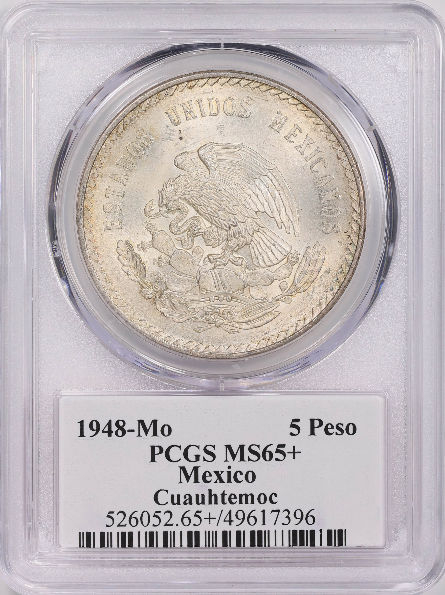 Mexico 1948Mo Silver 5 Pesos Cuauhtemoc KM465 PCGS MS65+ (Item