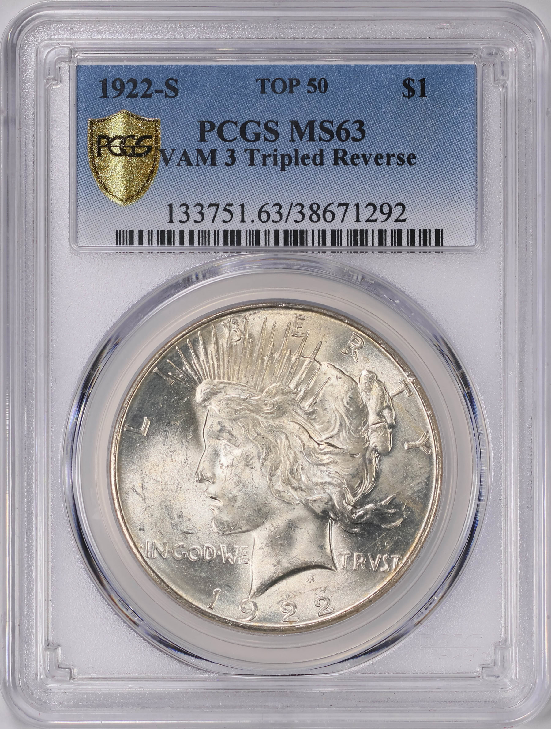 1922-S Peace Silver Dollar Tripled Reverse VAM-3 Top 50 PCGS MS-63