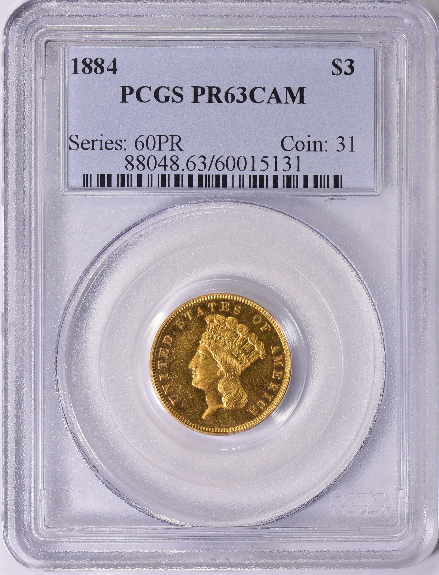 1884 Three-Dollar Gold Piece PCGS Proof-63 CAMEO (Item 1670000 ...