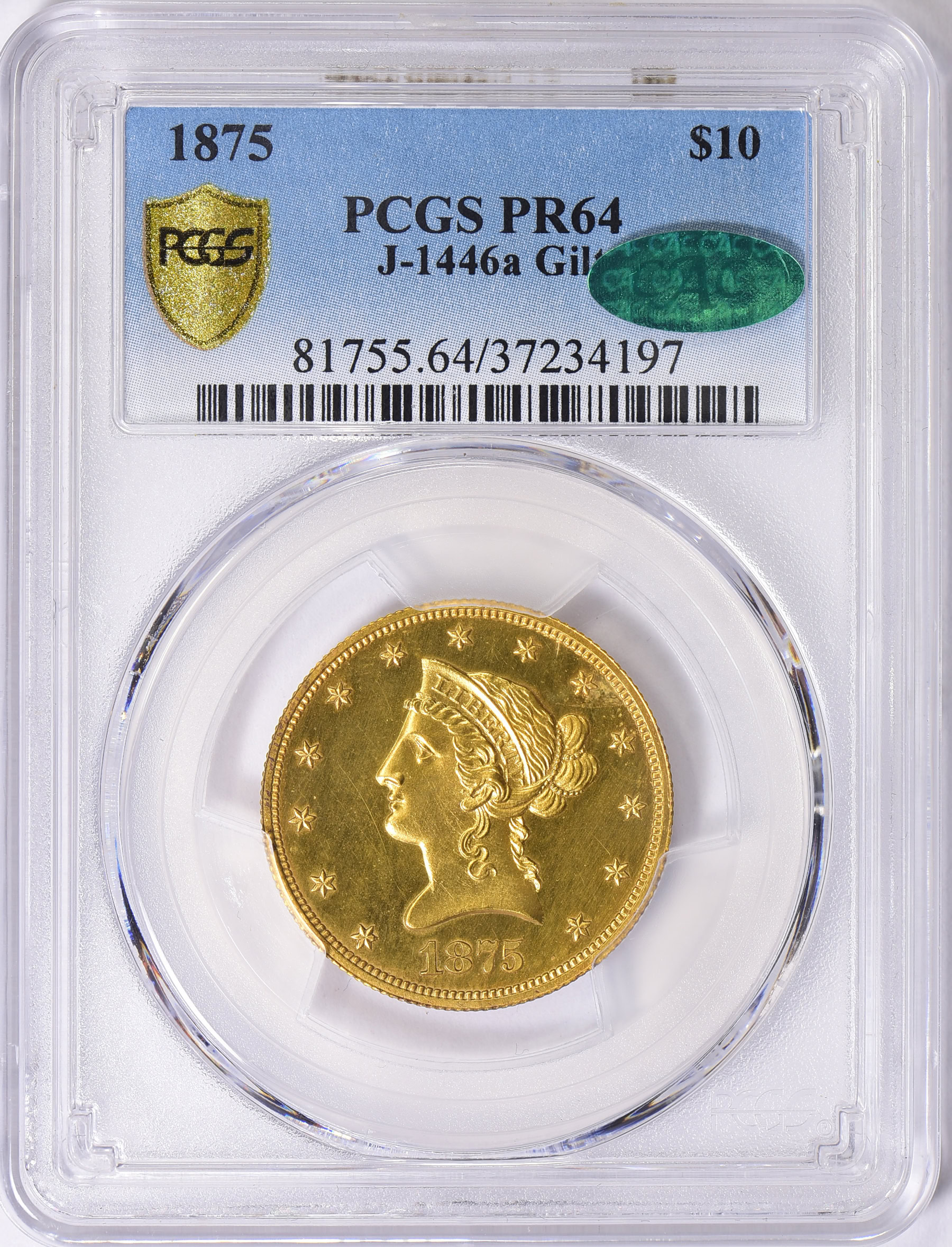 Pattern 1875 $10 J-1446a Gilt PCGS Proof-64 (CAC Green) (Item