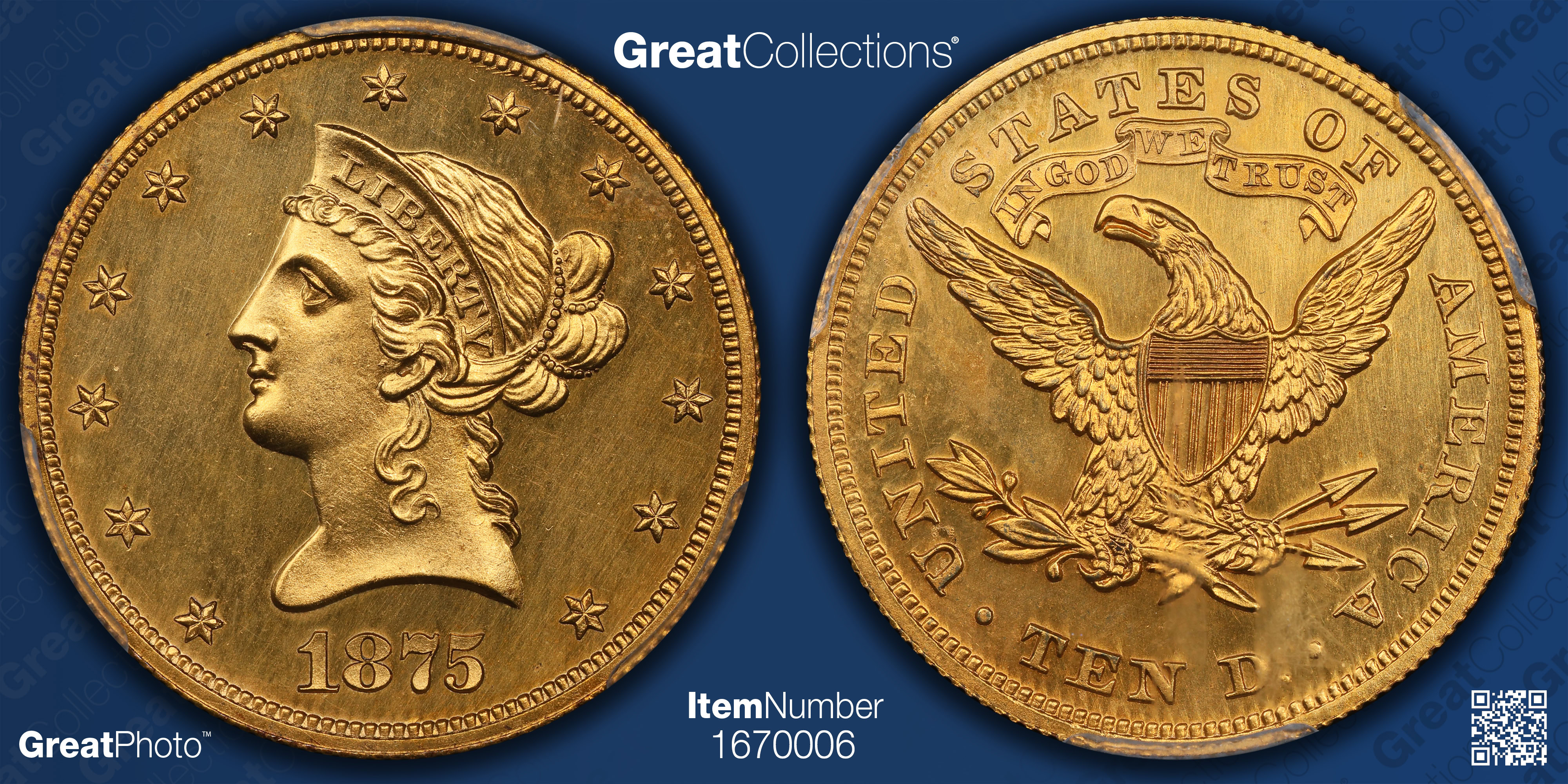 Pattern 1875 $10 J-1446a Gilt PCGS Proof-64 (CAC Green) (Item