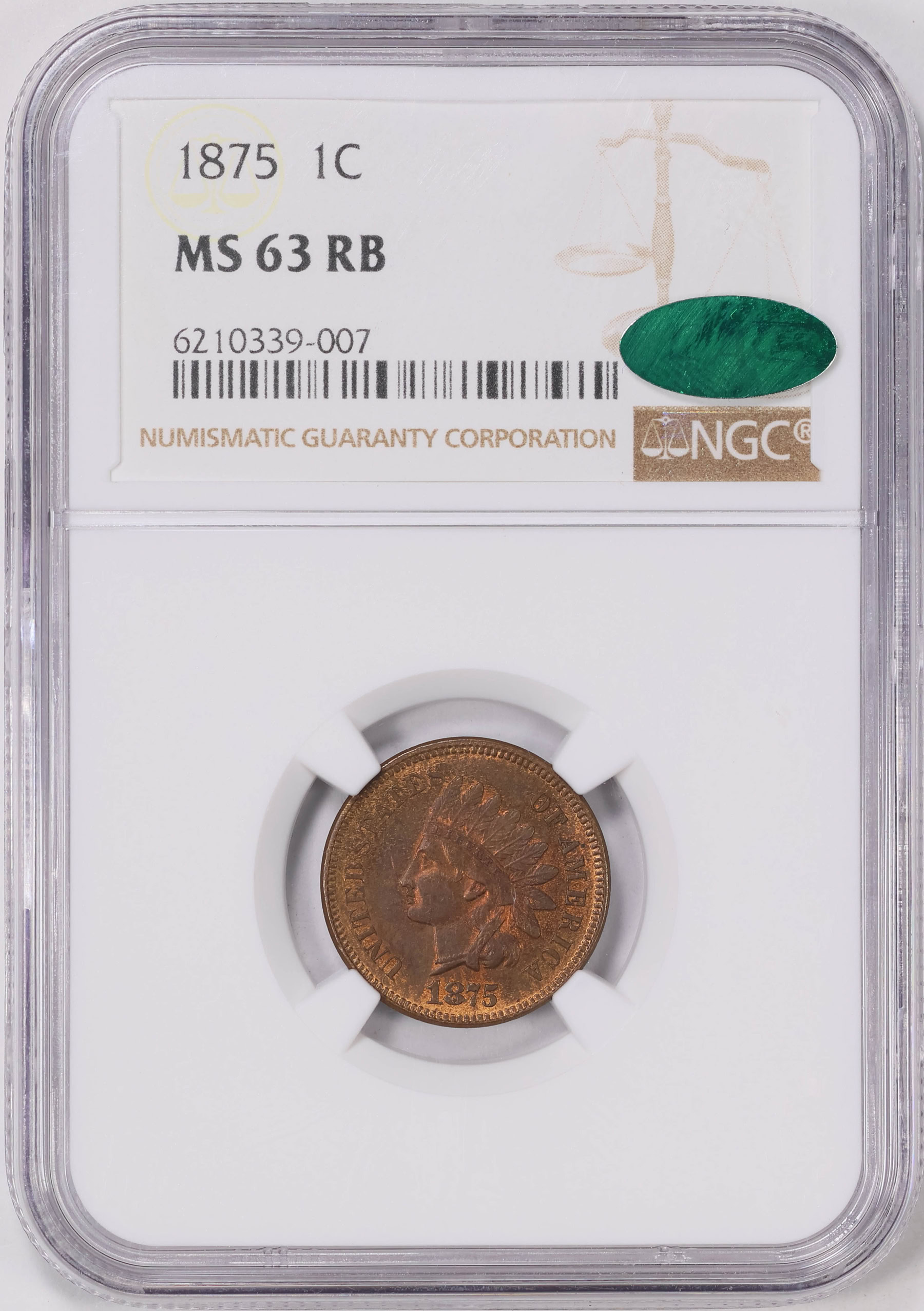 1875 Indian Cent NGC MS-63 RB (CAC Green) (Item 1670565 ...