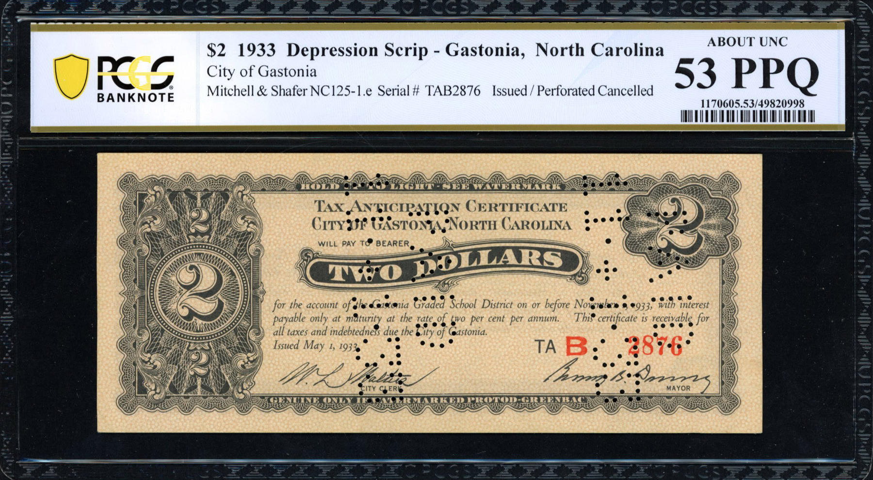 1933 Gastonia, North Carolina City of Gastonia 2 Depression Scrip Note