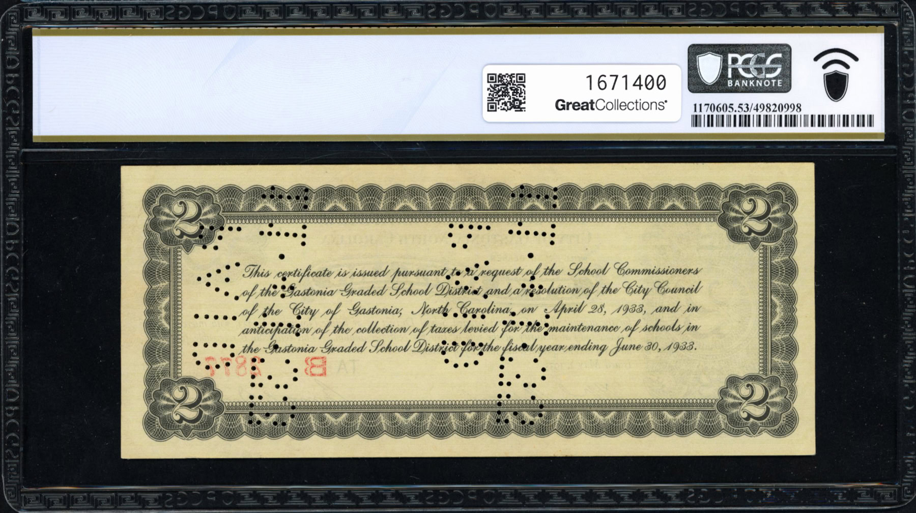 1933 Gastonia, North Carolina City of Gastonia 2 Depression Scrip Note