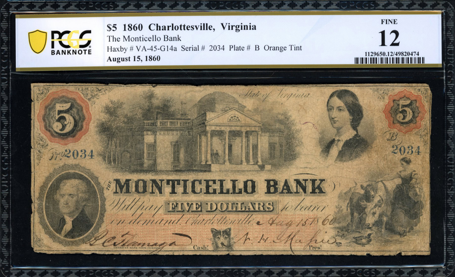 Aug. 15, 1860 Charlottesville, Virginia Monticello Bank $5 Note