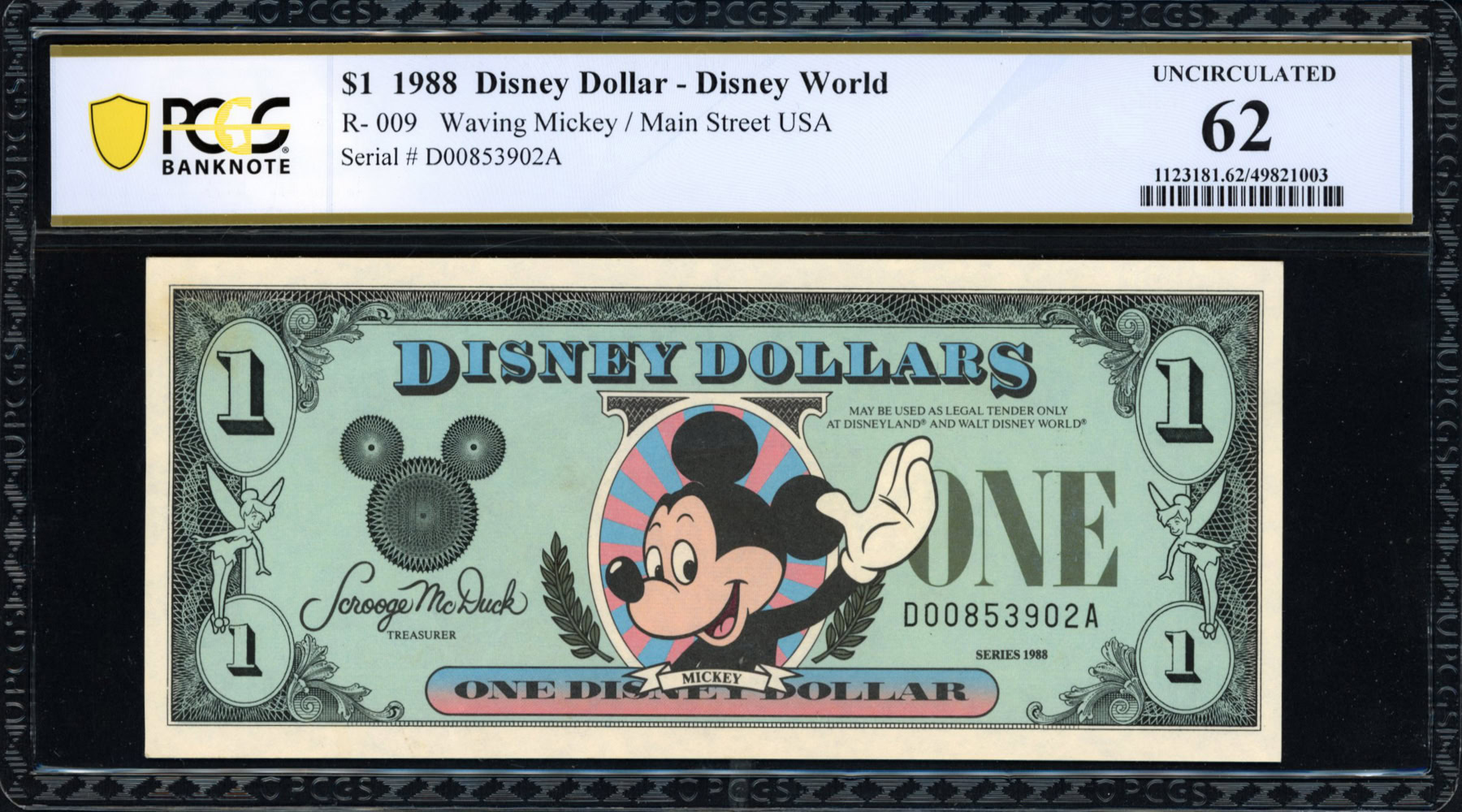 1988 Disney World $1 Disney Dollar Note Mickey / Main Street USA