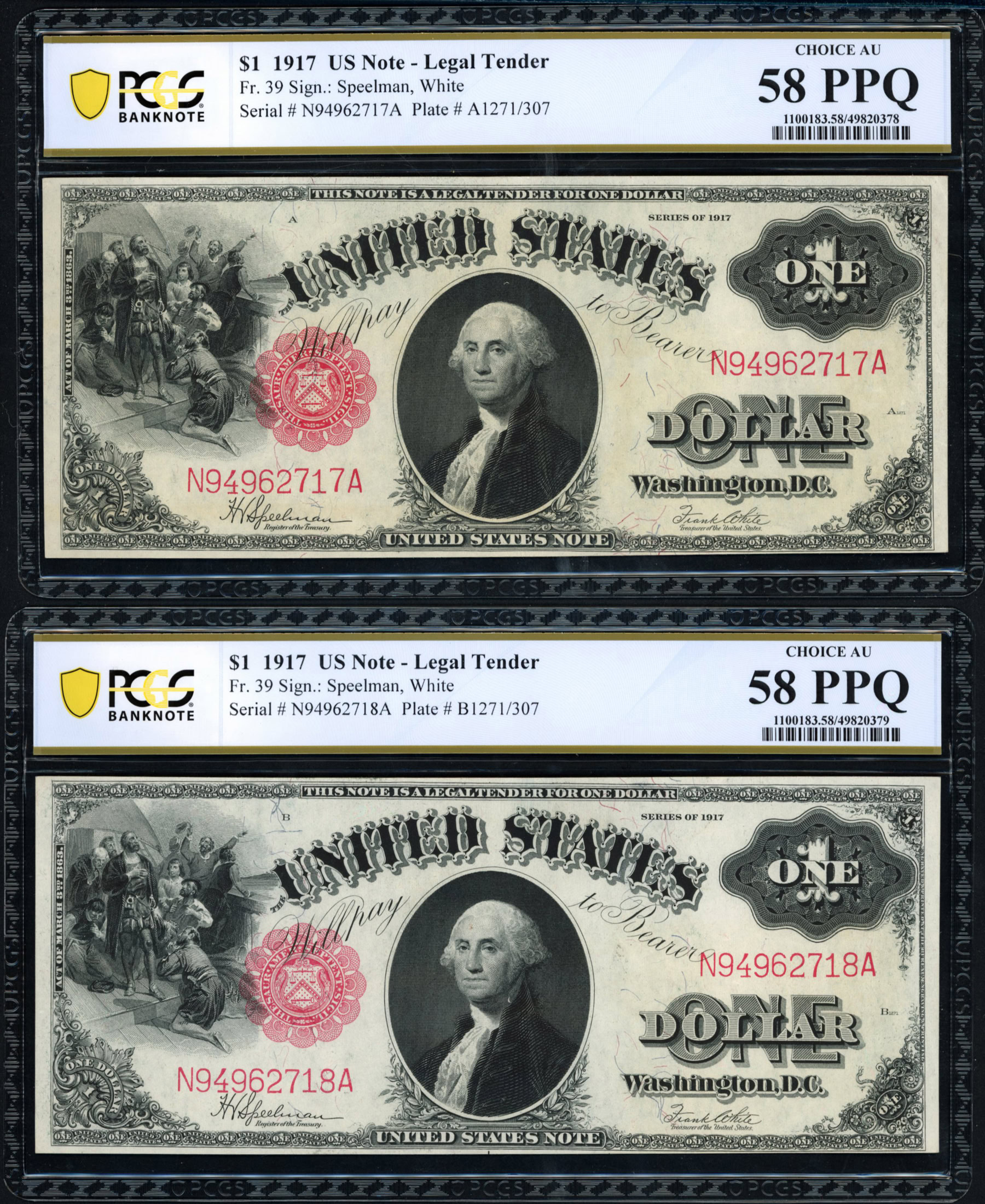 Fr. 39 1917 $1 Legal Tender Notes Sequential Serial Number Pair ...