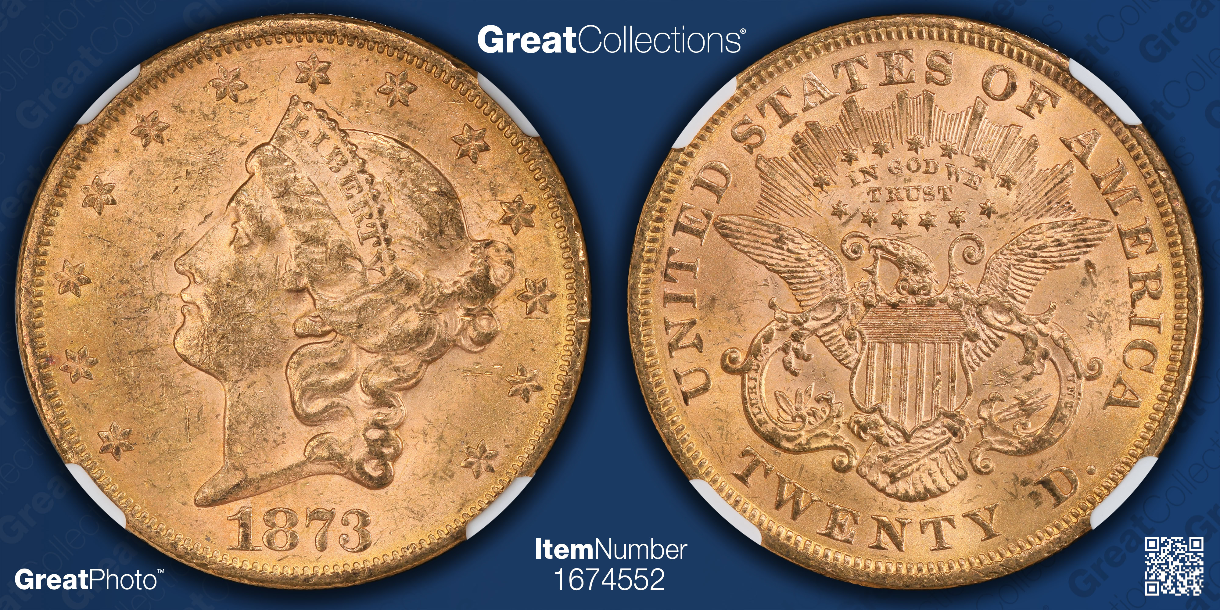 1873 Liberty Gold Double Eagle Open 3 NGC MS-61 (CAC Green