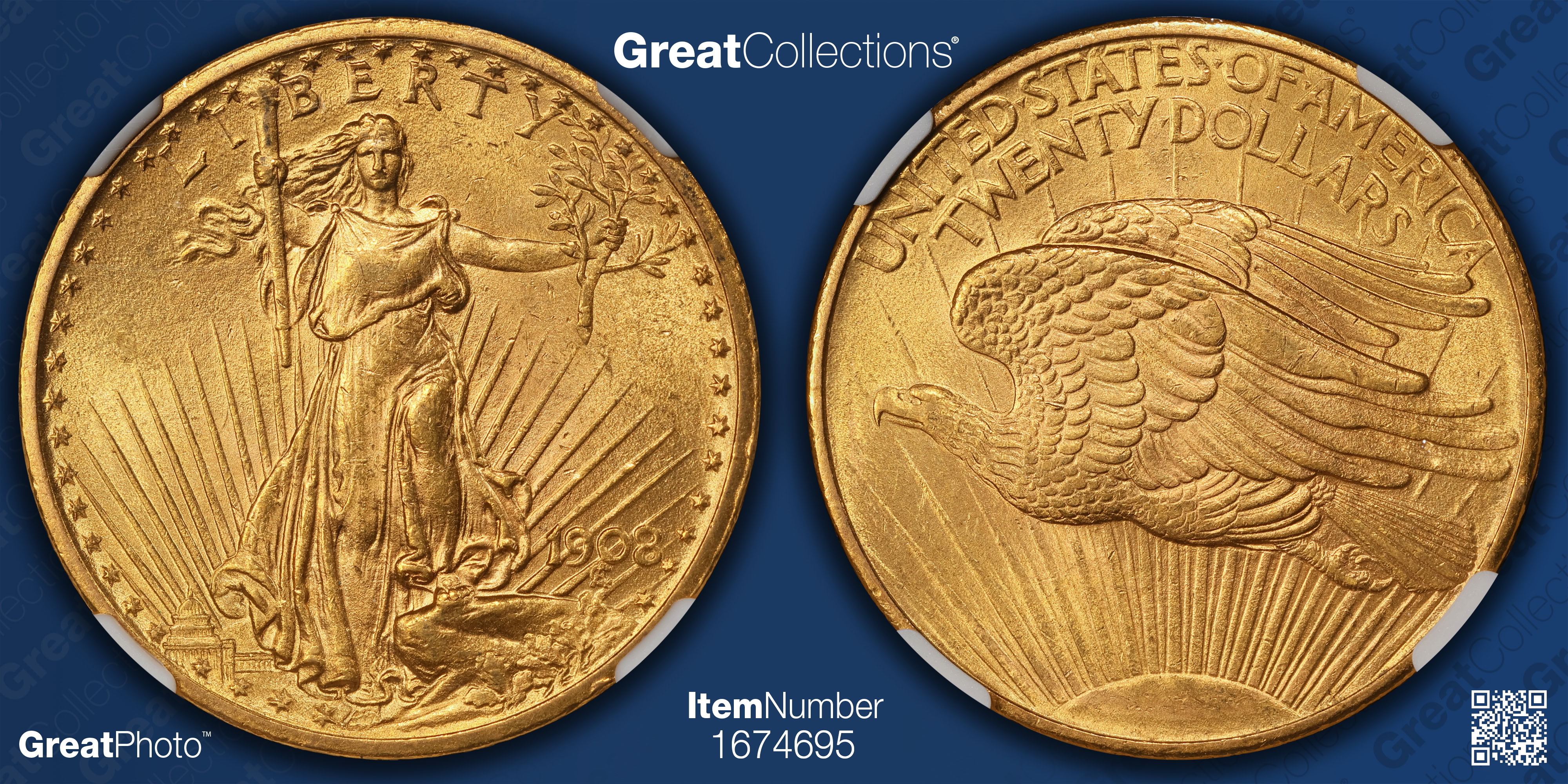 1908 Saint-Gaudens Gold Double Eagle No Motto NGC MS-64 (Item